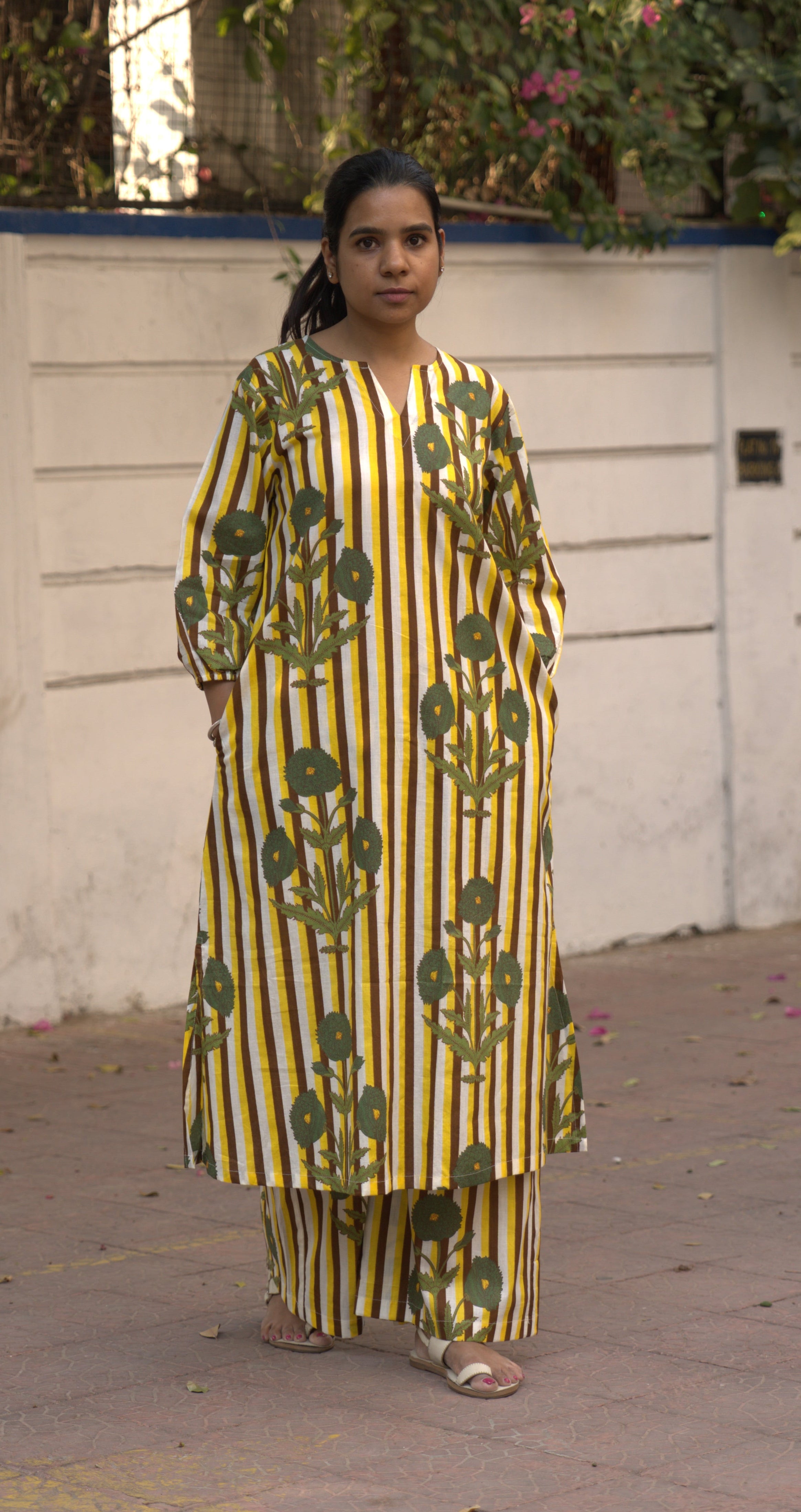 Yellow Brown Stripe Kurta Set