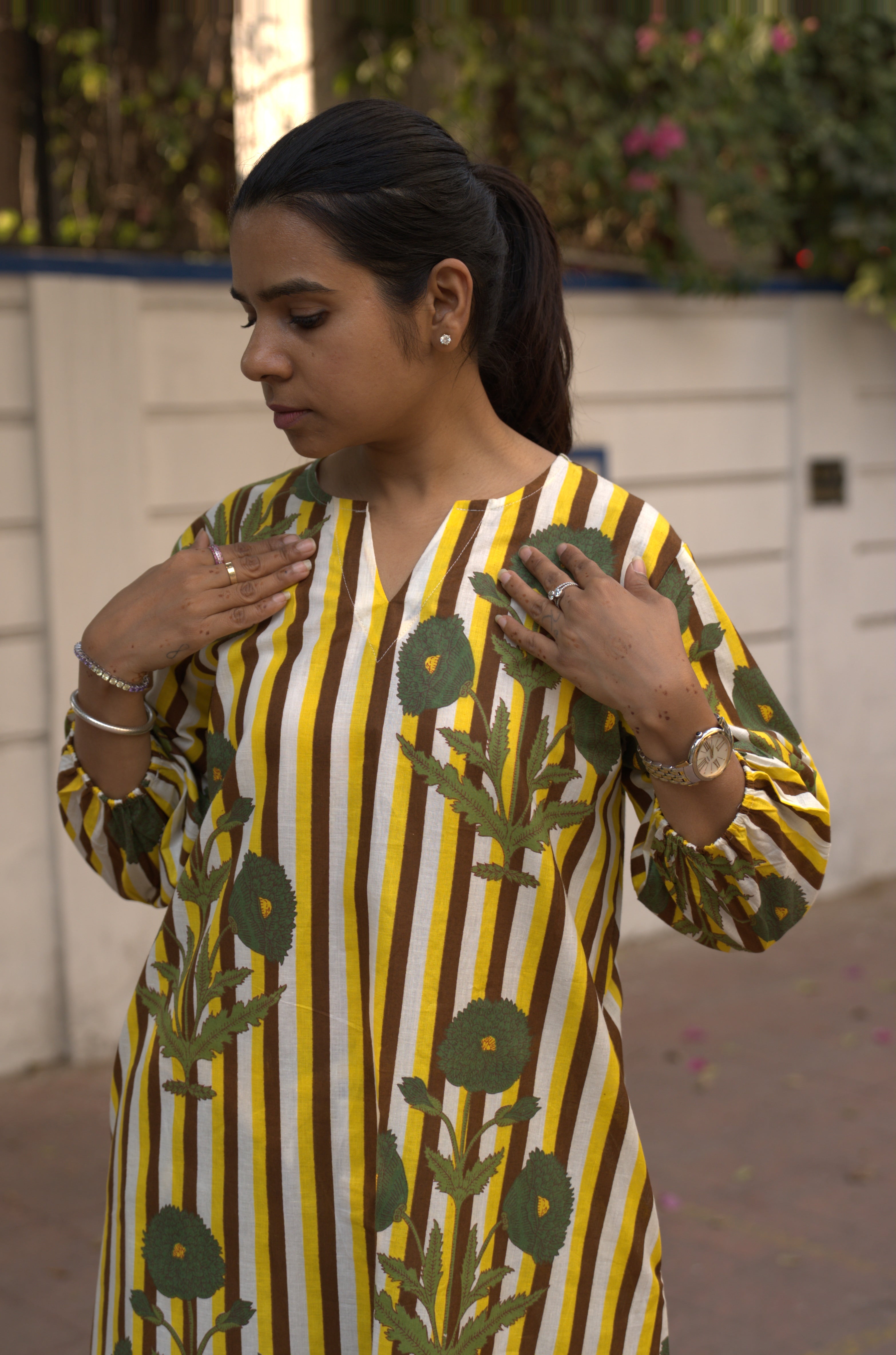 Yellow Brown Stripe Kurta Set