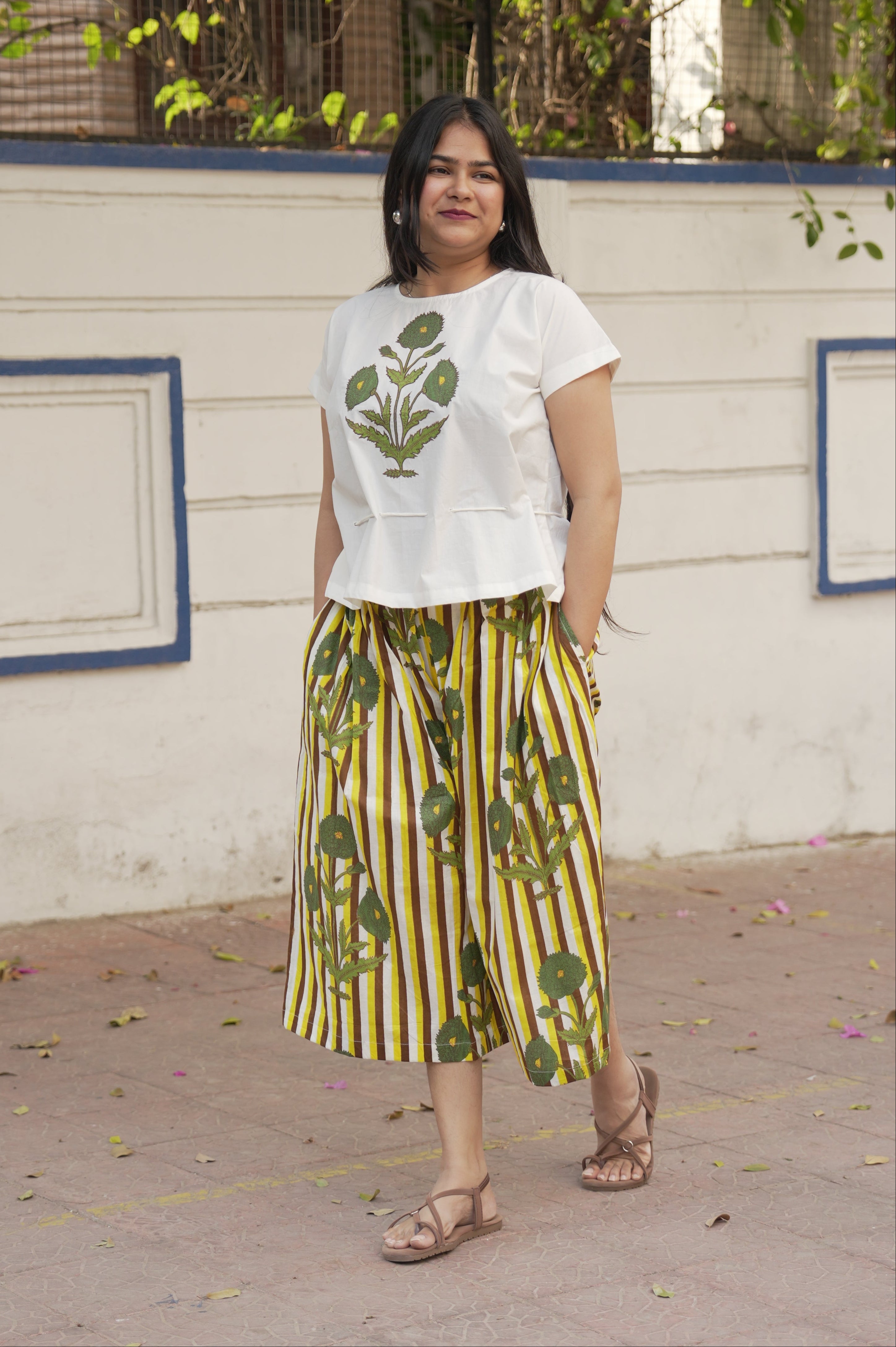 Baaori Brown Yellow Patch Work Top & Culotte Pants