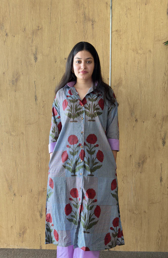 Floral Gingham Cotton Kurti