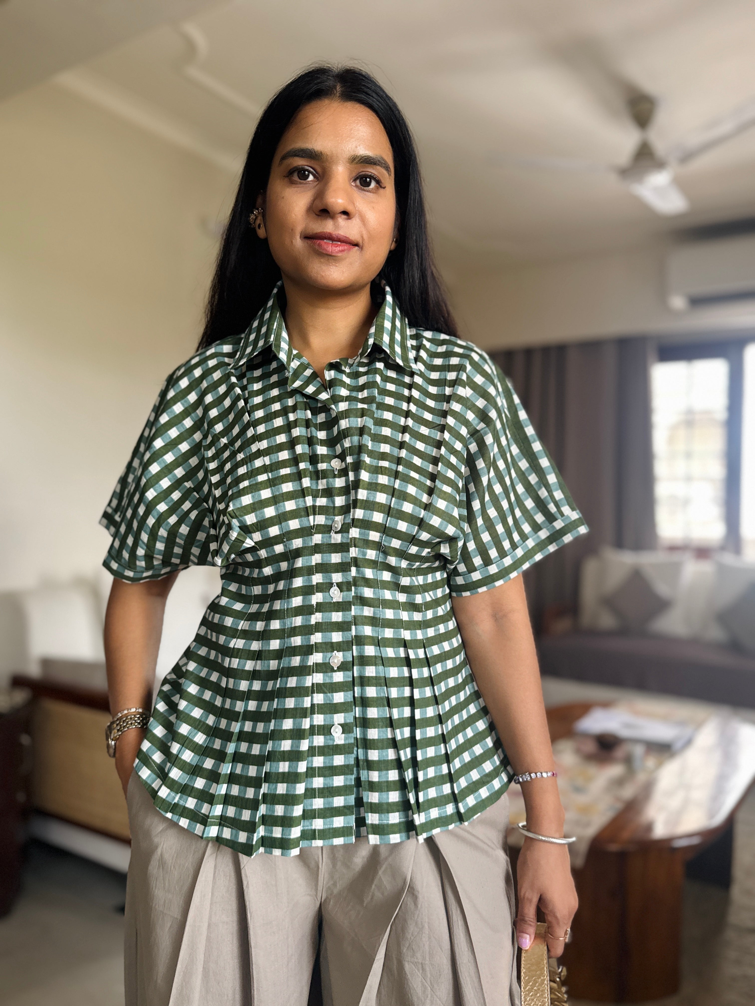 Fitted Shirt & Balloon Pant set - Green Grey