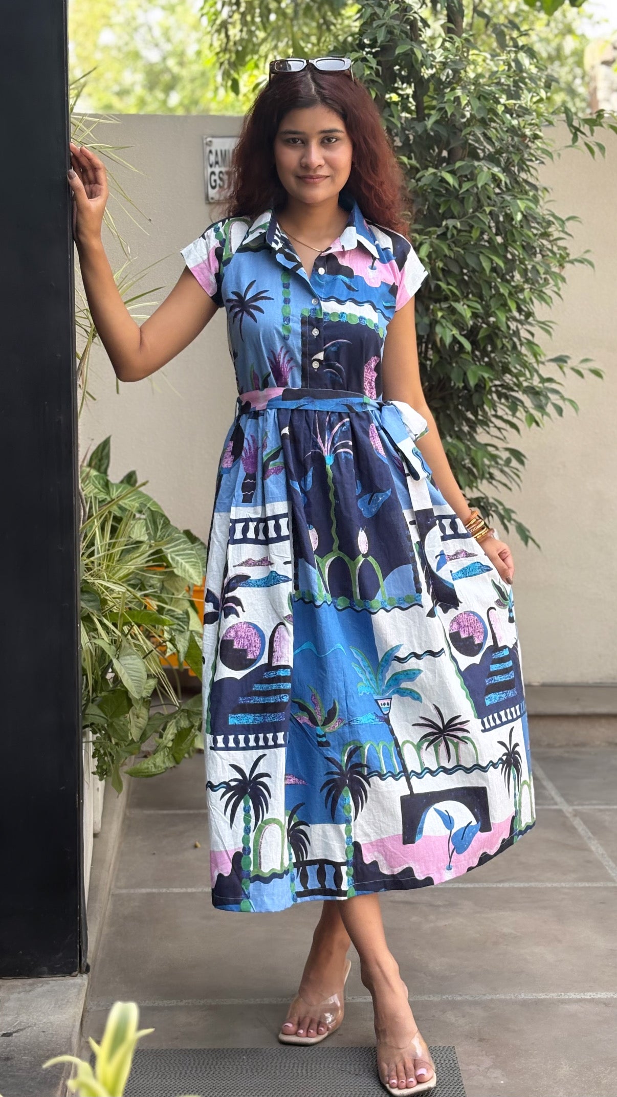 Blue Tropical Print Belt Dress