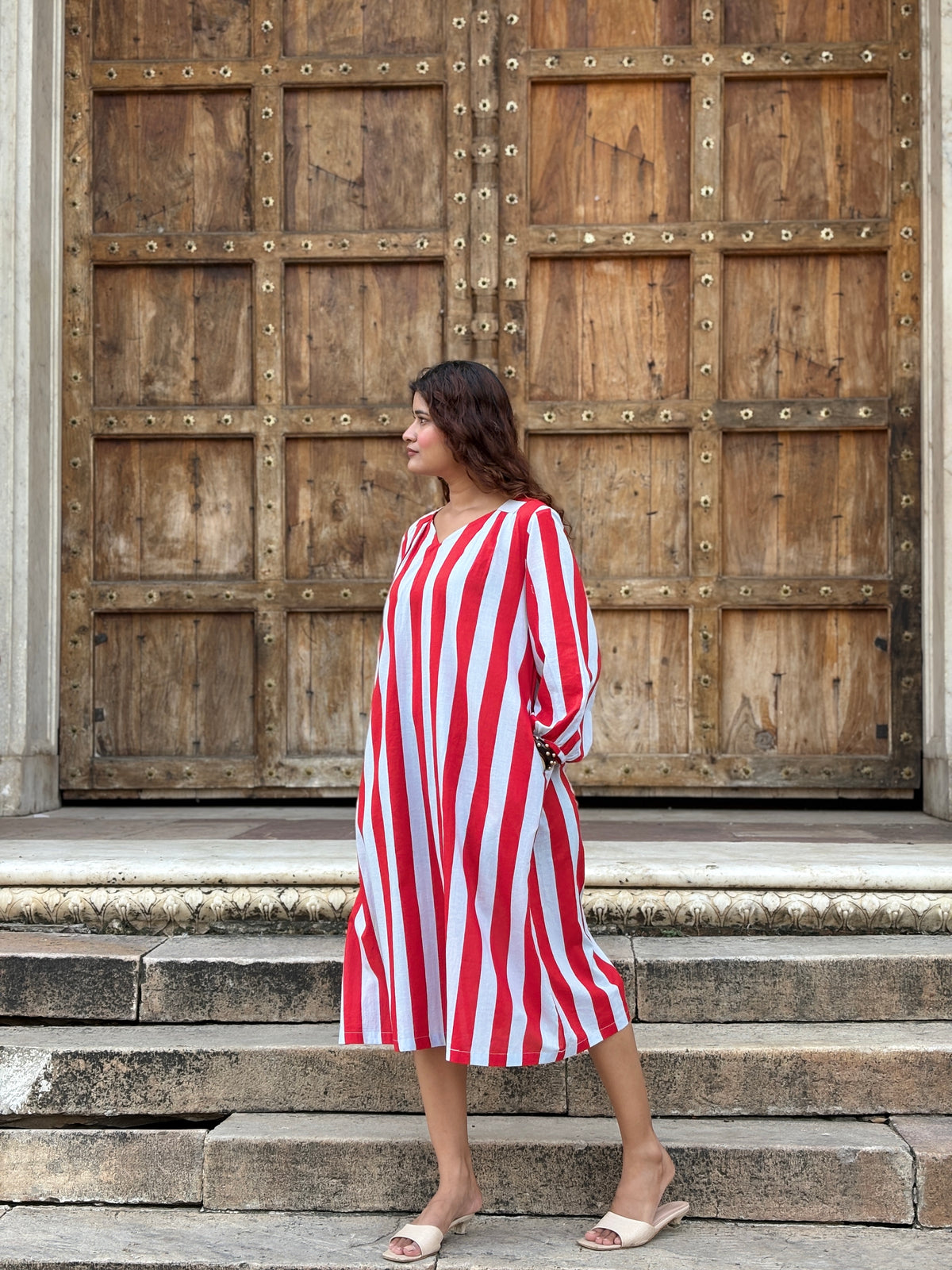 Red Grey Striped Midi Dress