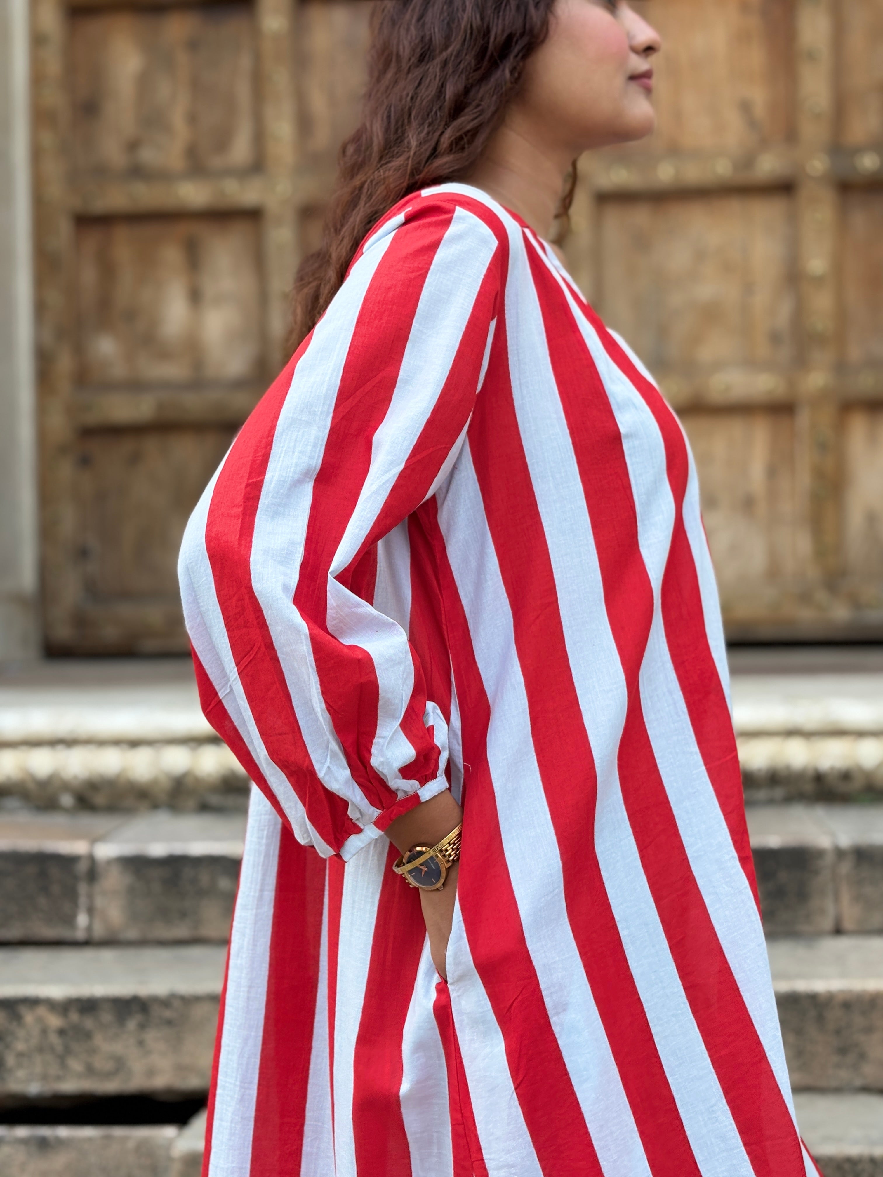 Red Grey Striped Midi Dress
