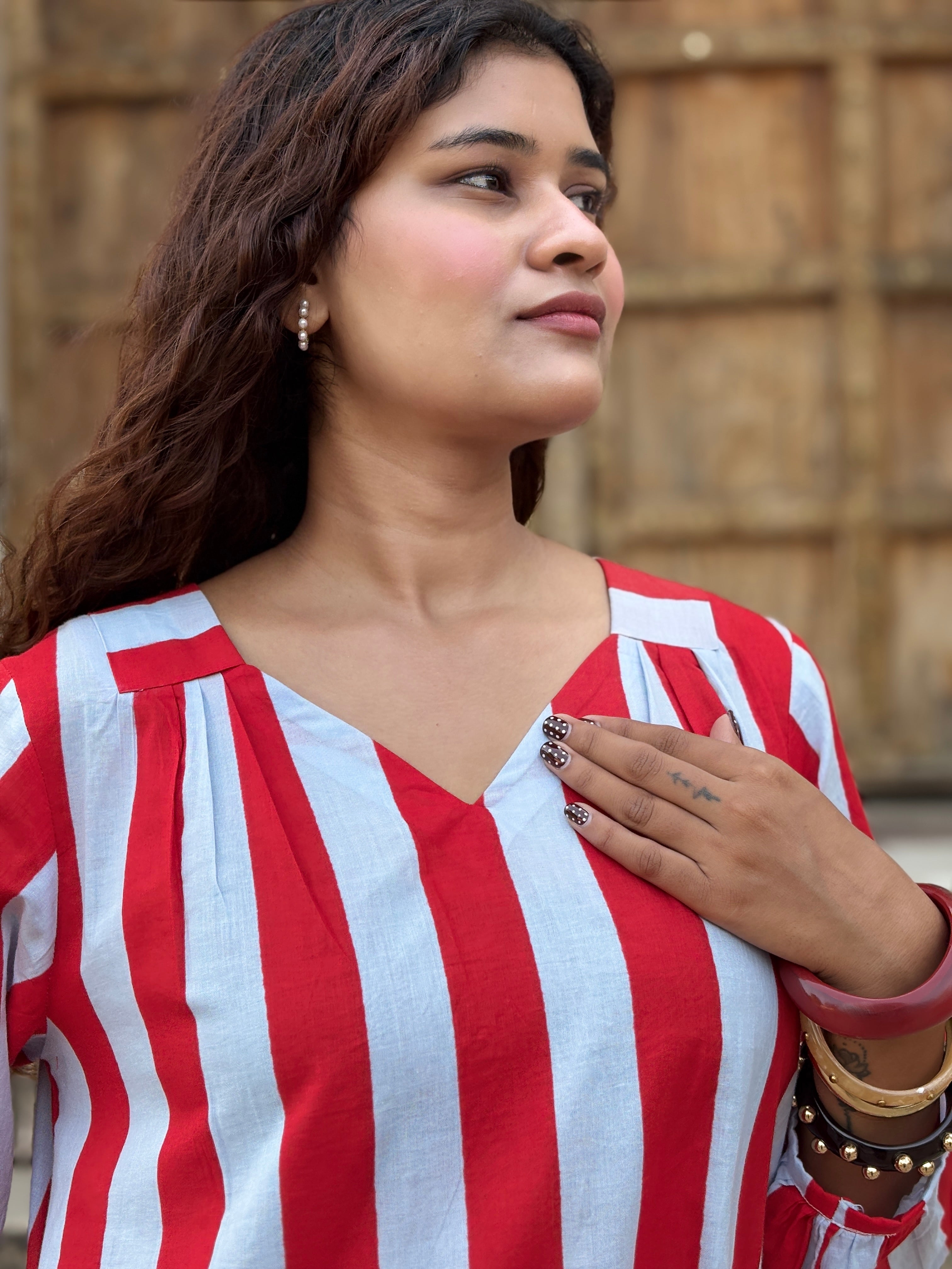 Red Grey Striped Midi Dress