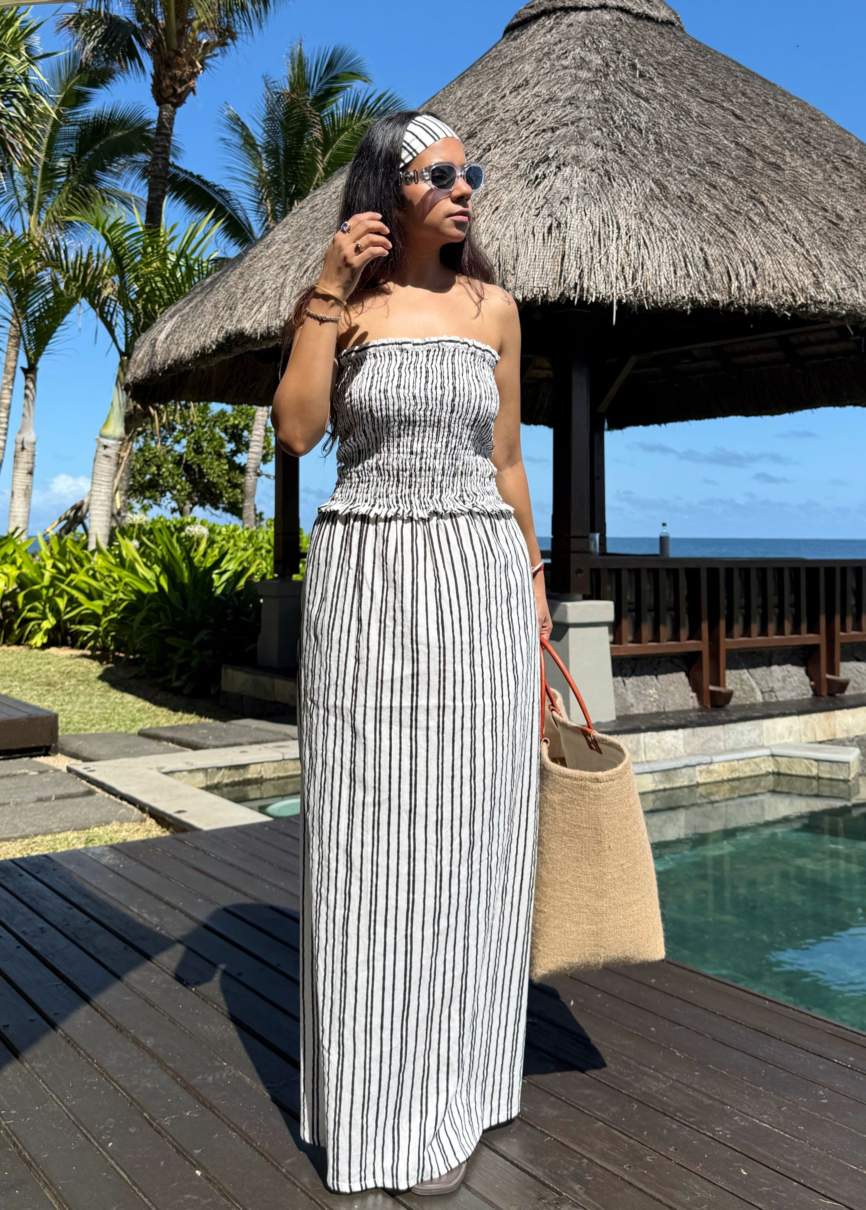 Off Shoulder Black & White Striped Maxi Dress