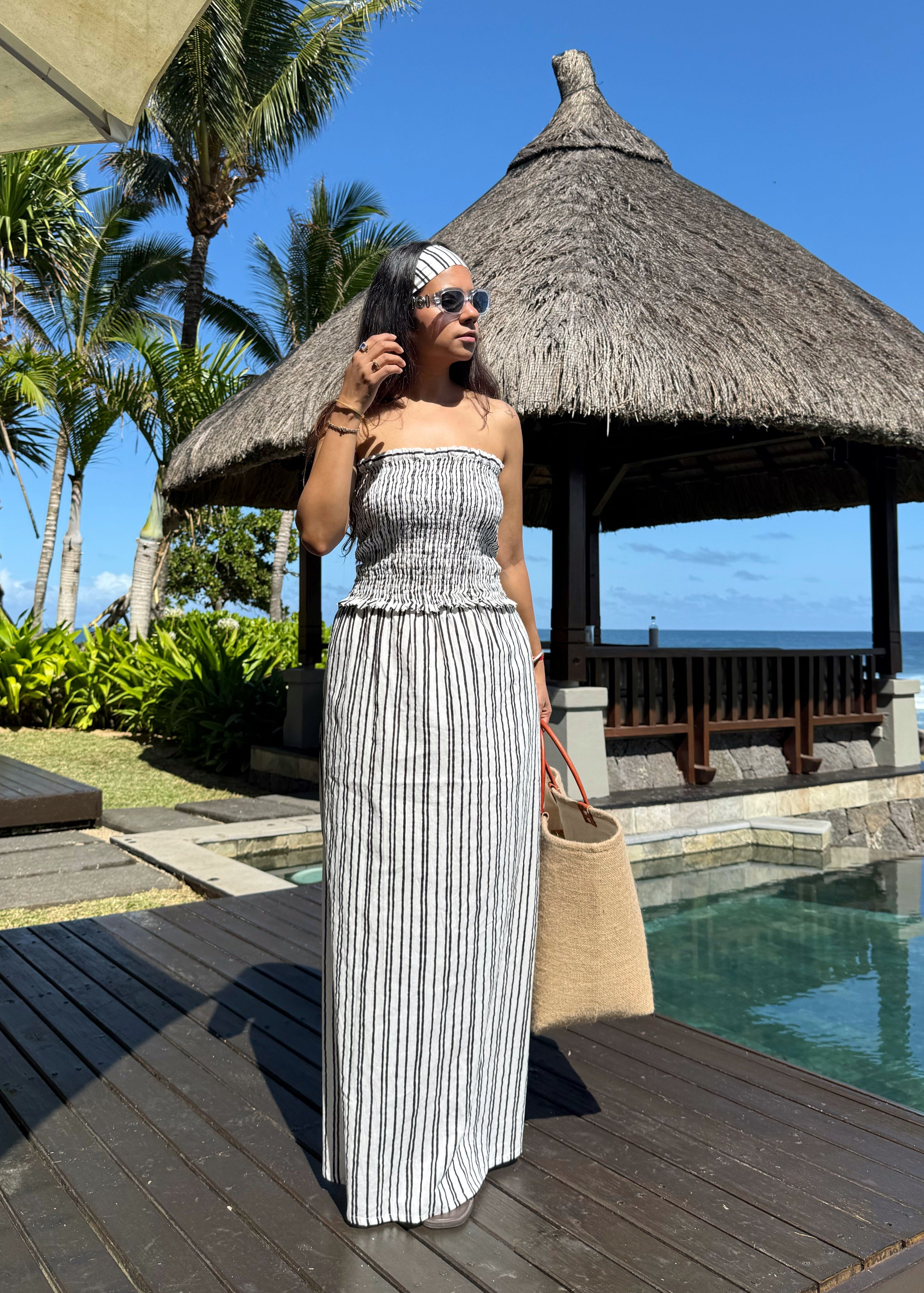 Off Shoulder Black & White Striped Maxi Dress