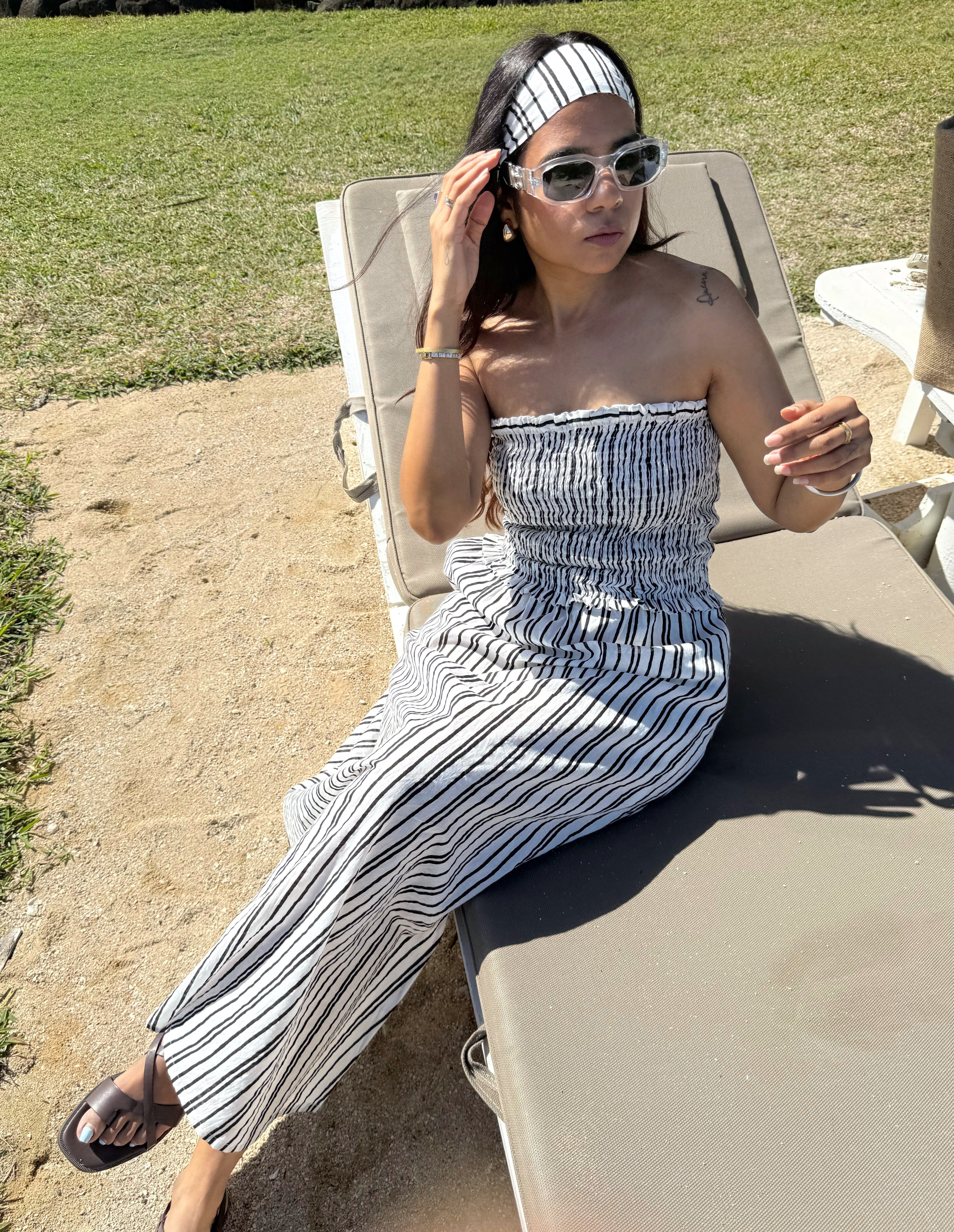 Off Shoulder Black & White Striped Maxi Dress