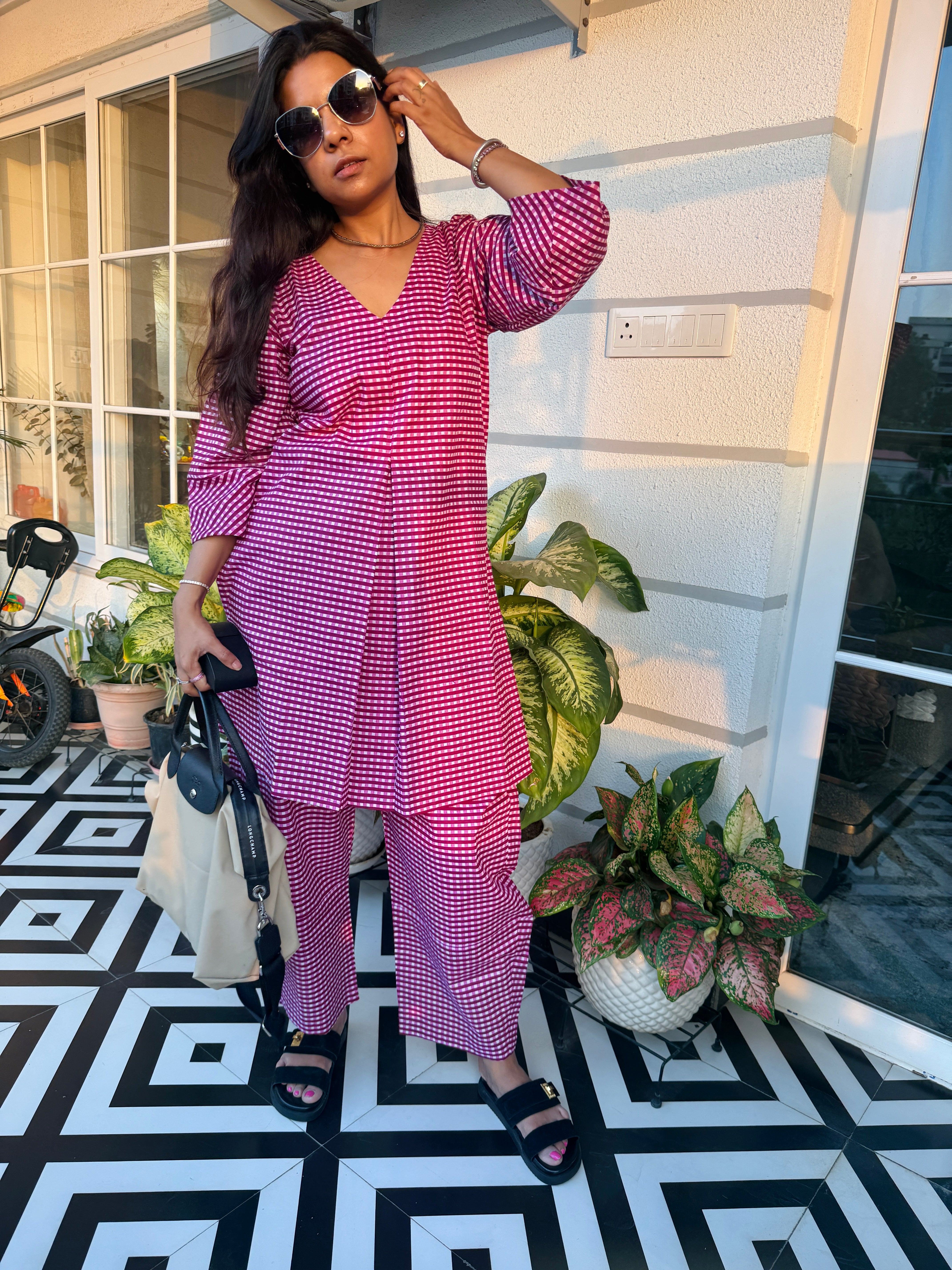 Purple Gingham Barrel Pant Co ord set