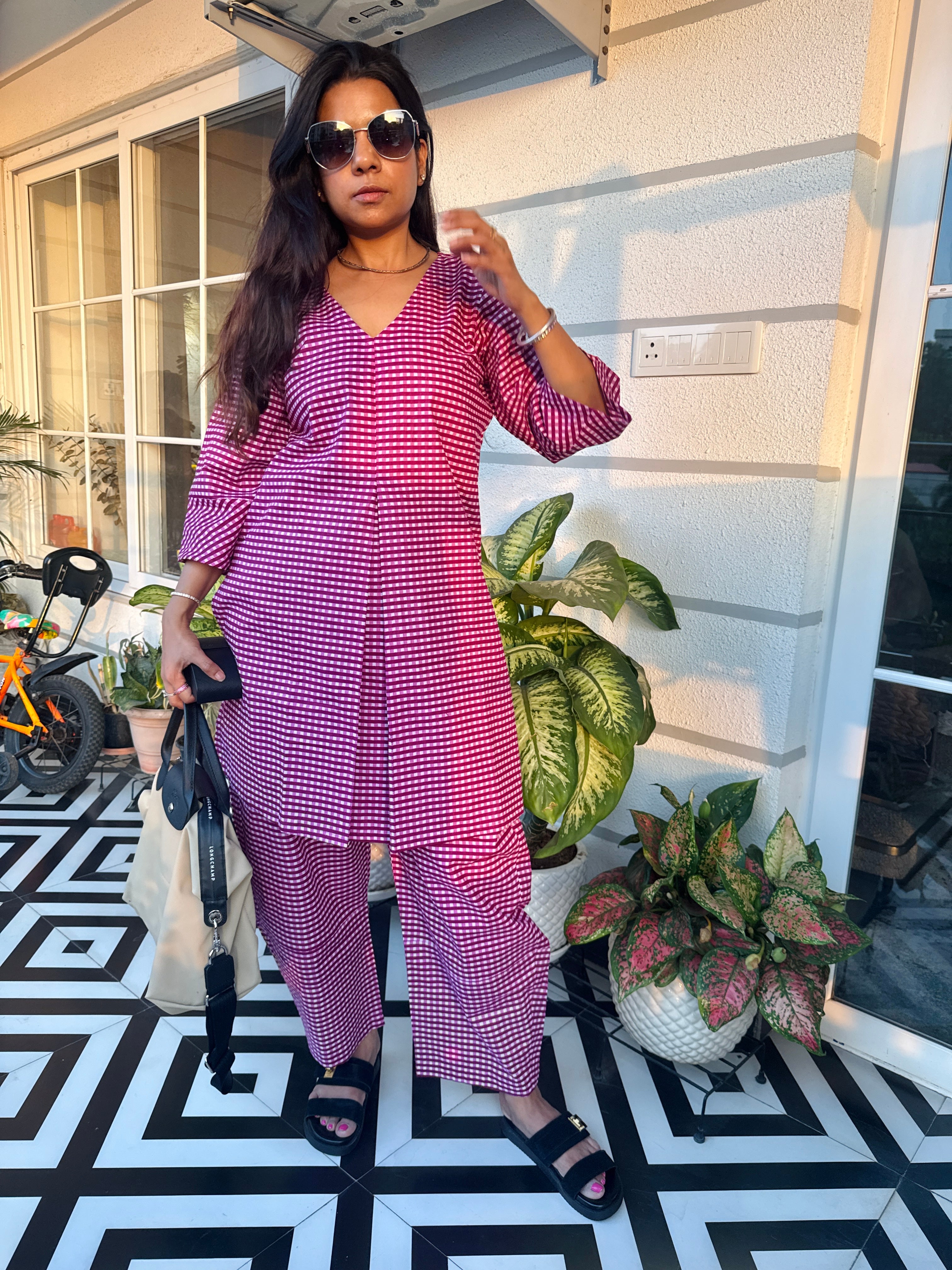 Purple Gingham Barrel Pant Co ord set