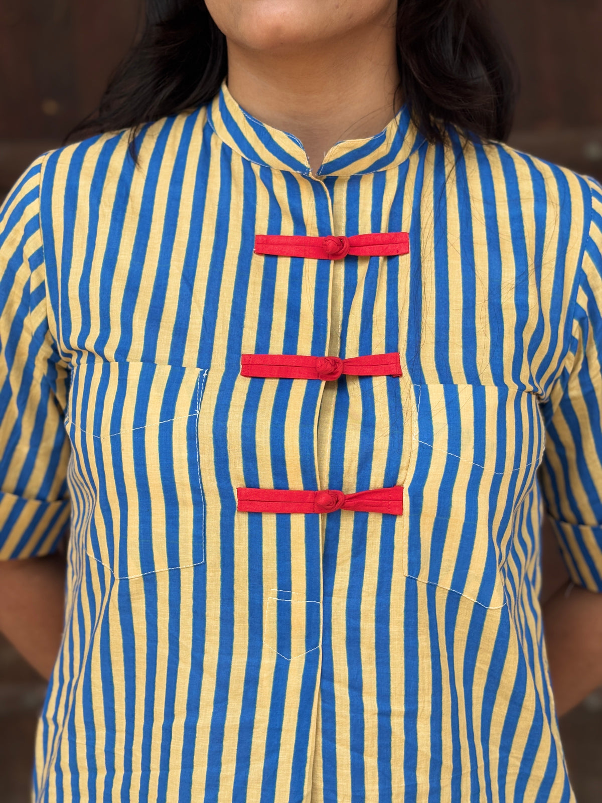 Blue Mustard Striped Mandarin Collar Co-Ord Set