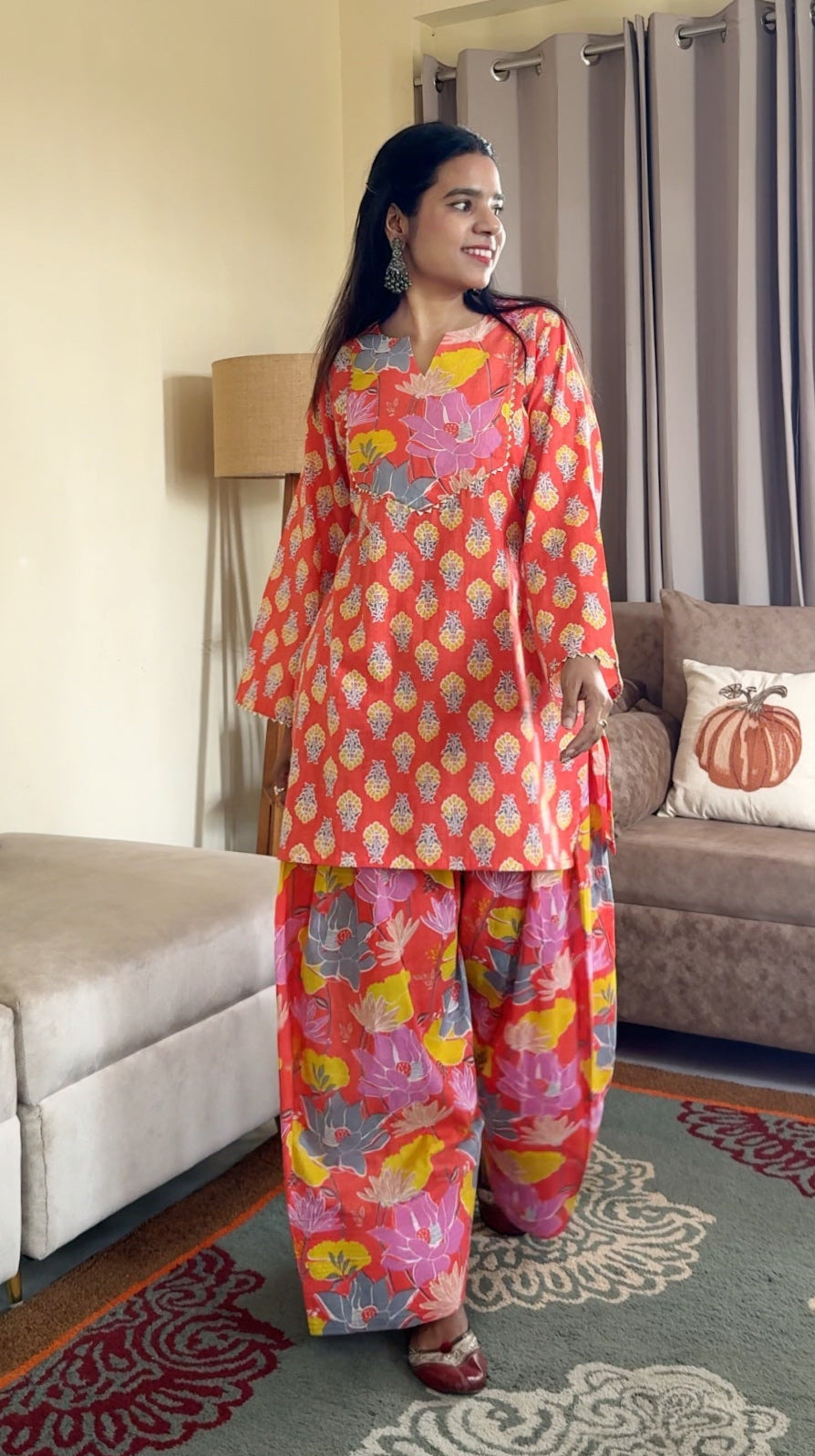 Coral Orange Printed Cotton Farshi Salwar Set