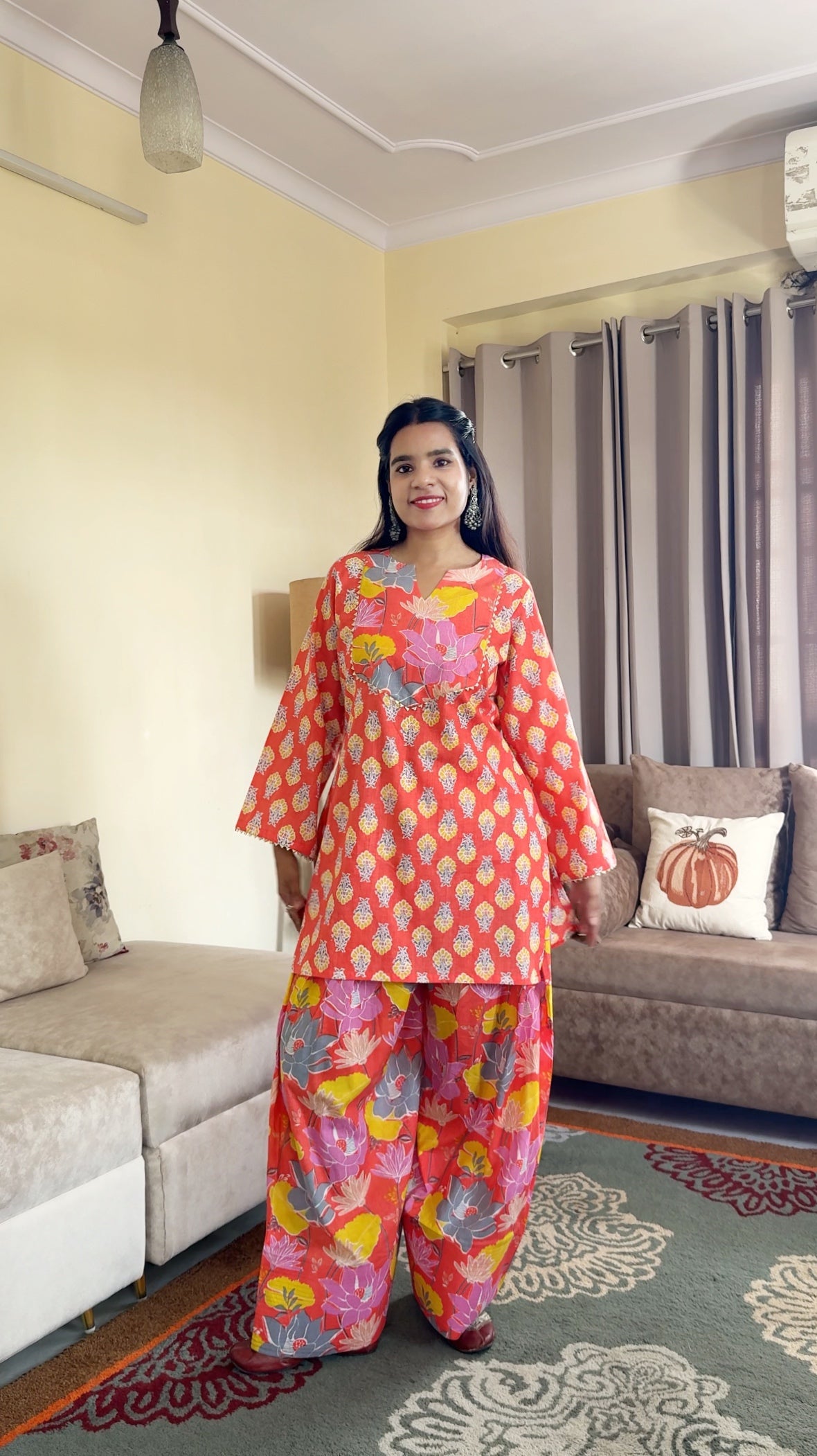 Coral Orange Printed Cotton Farshi Salwar Set