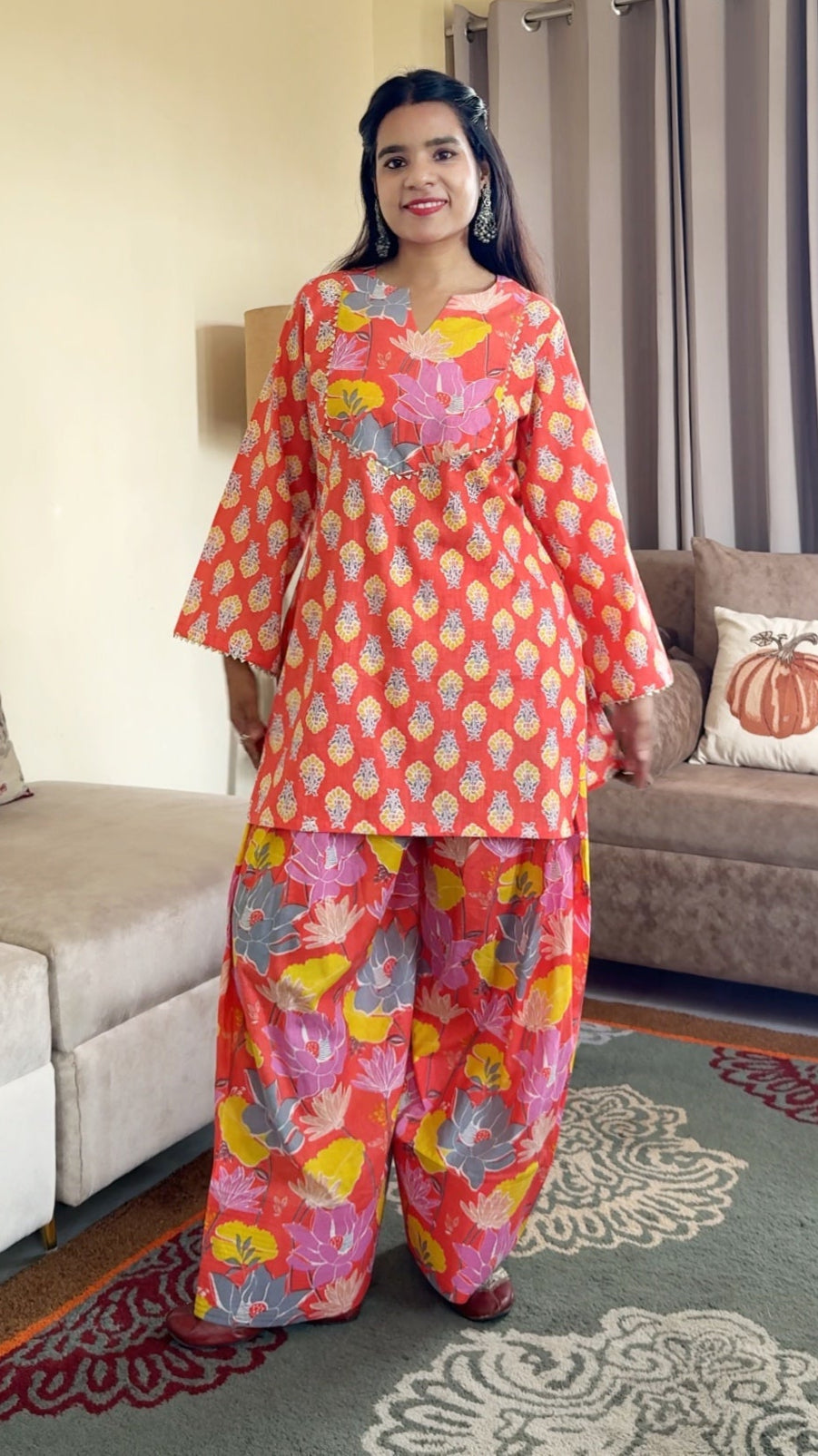 Coral Orange Printed Cotton Farshi Salwar Set