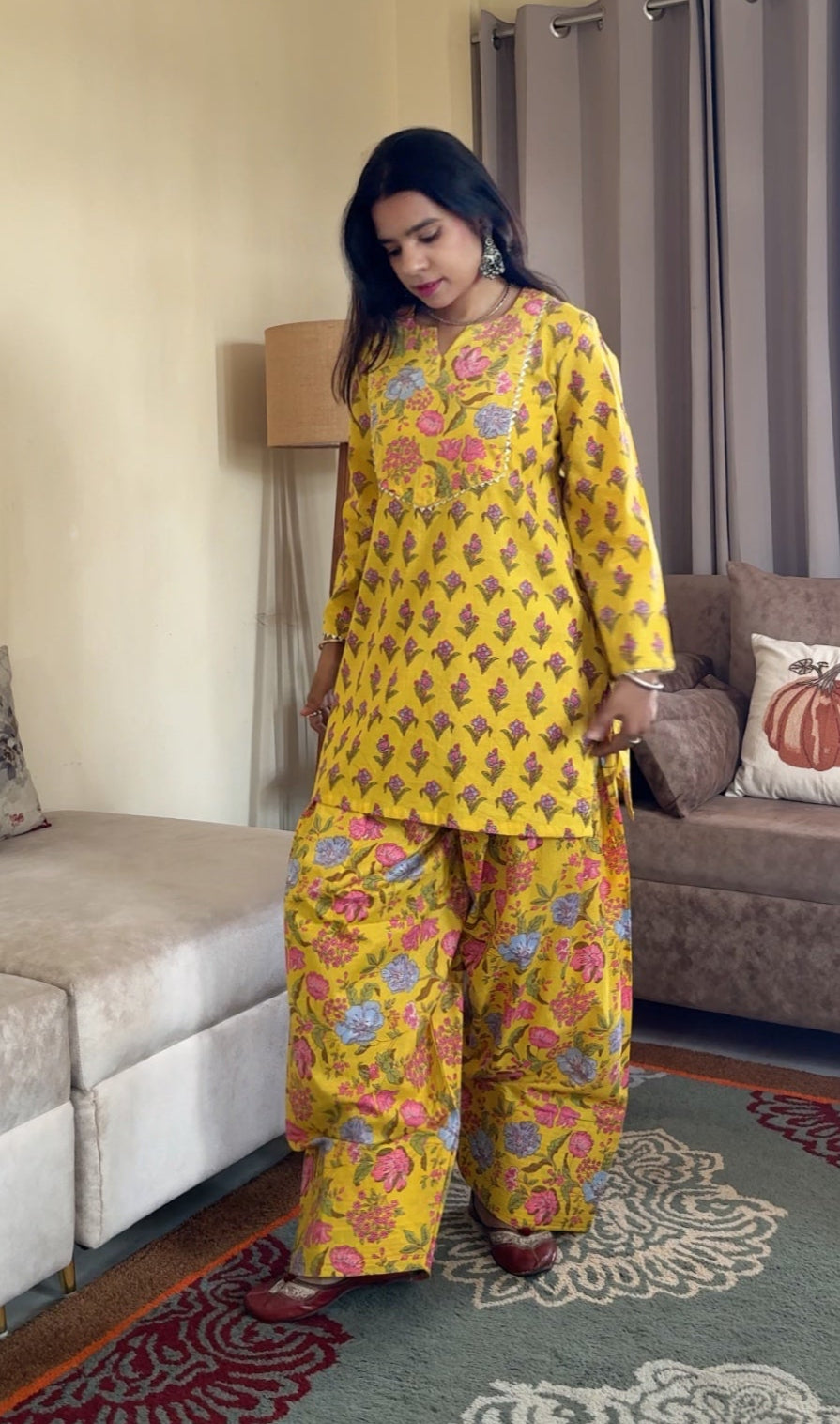 Yellow Printed Cotton Farshi Salwar Set