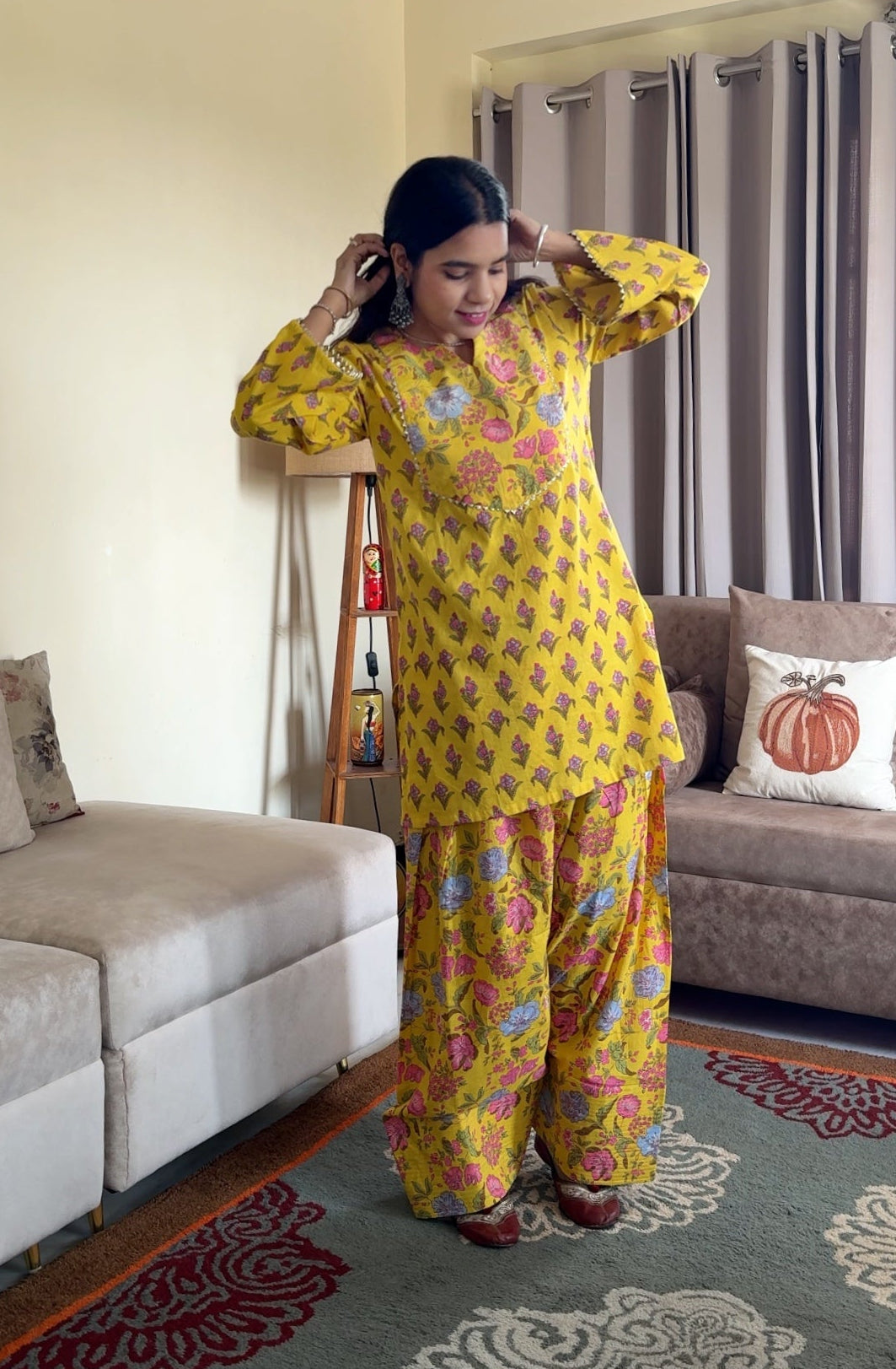 Yellow Everyday Printed Cotton Farshi Salwar Set