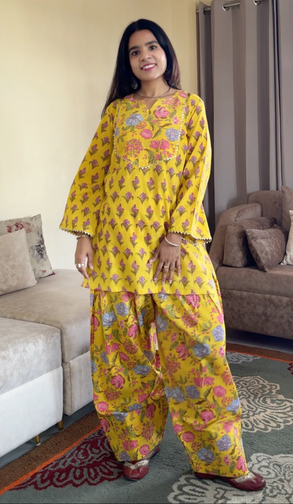 Yellow Printed Cotton Farshi Salwar Set