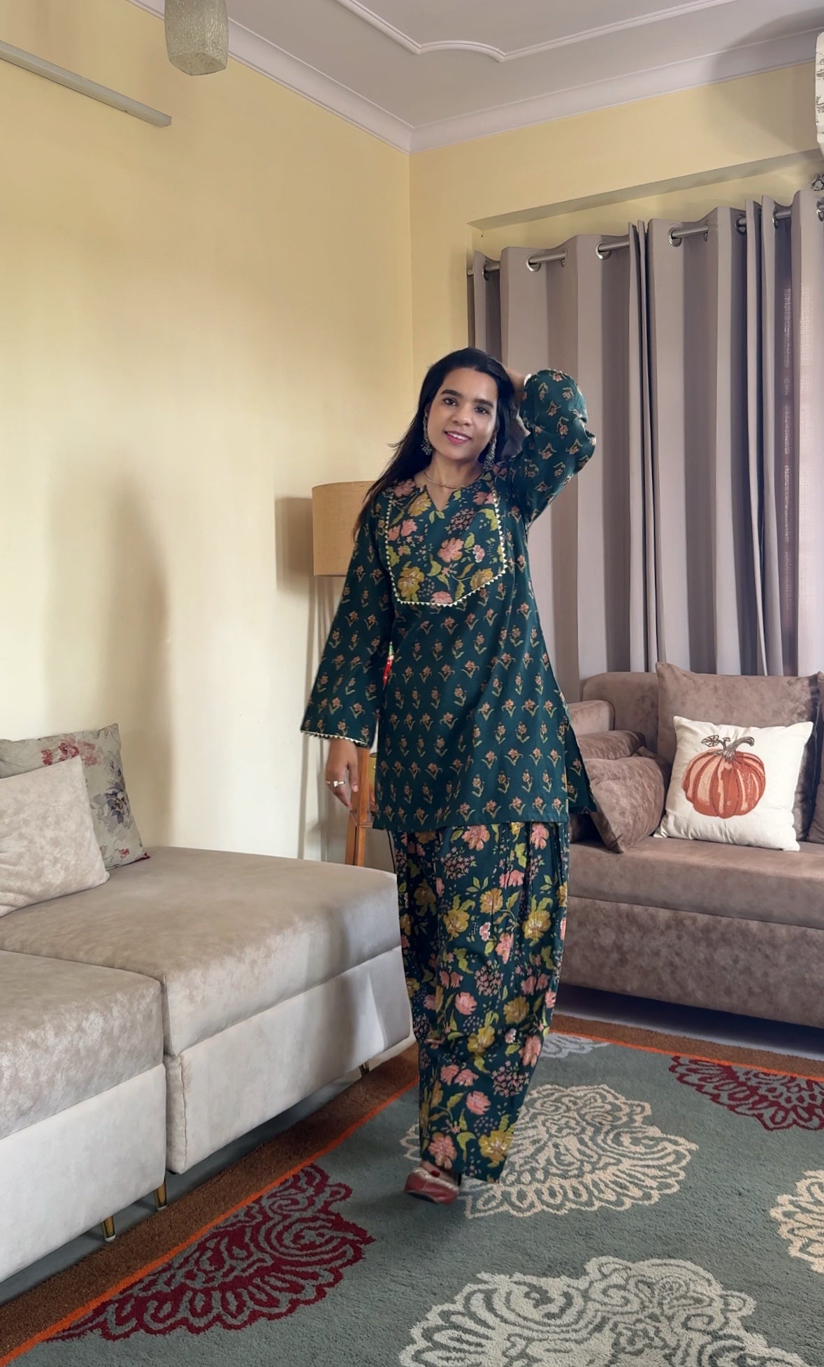 Green Printed Cotton Farshi Salwar Set