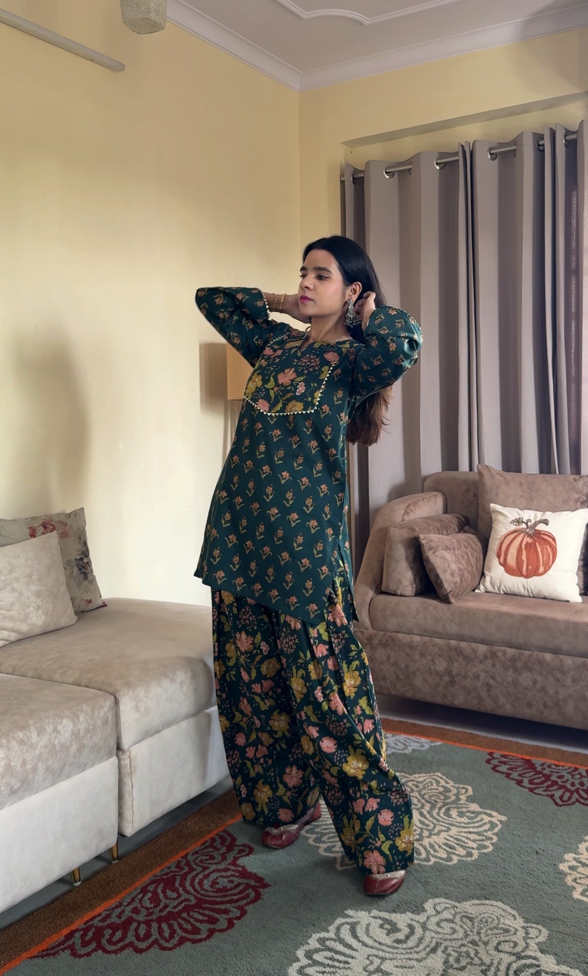 Green Printed Cotton Farshi Salwar Set