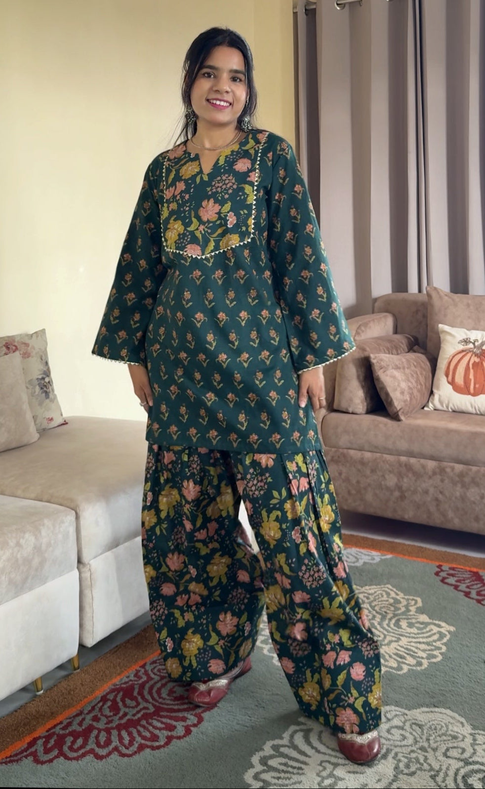 Green Printed Cotton Farshi Salwar Set