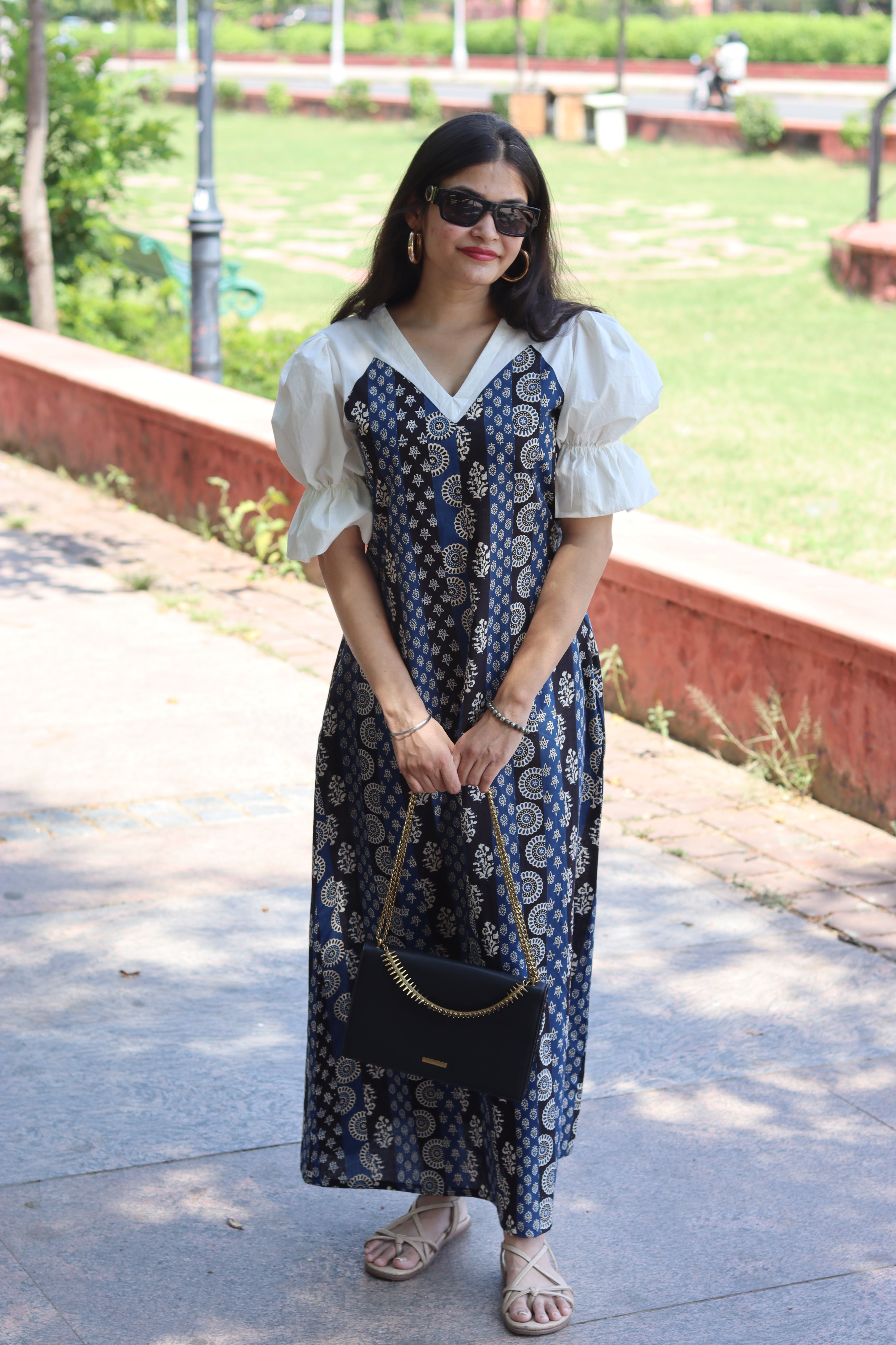Contrast Patch Long Ajrakh Dress