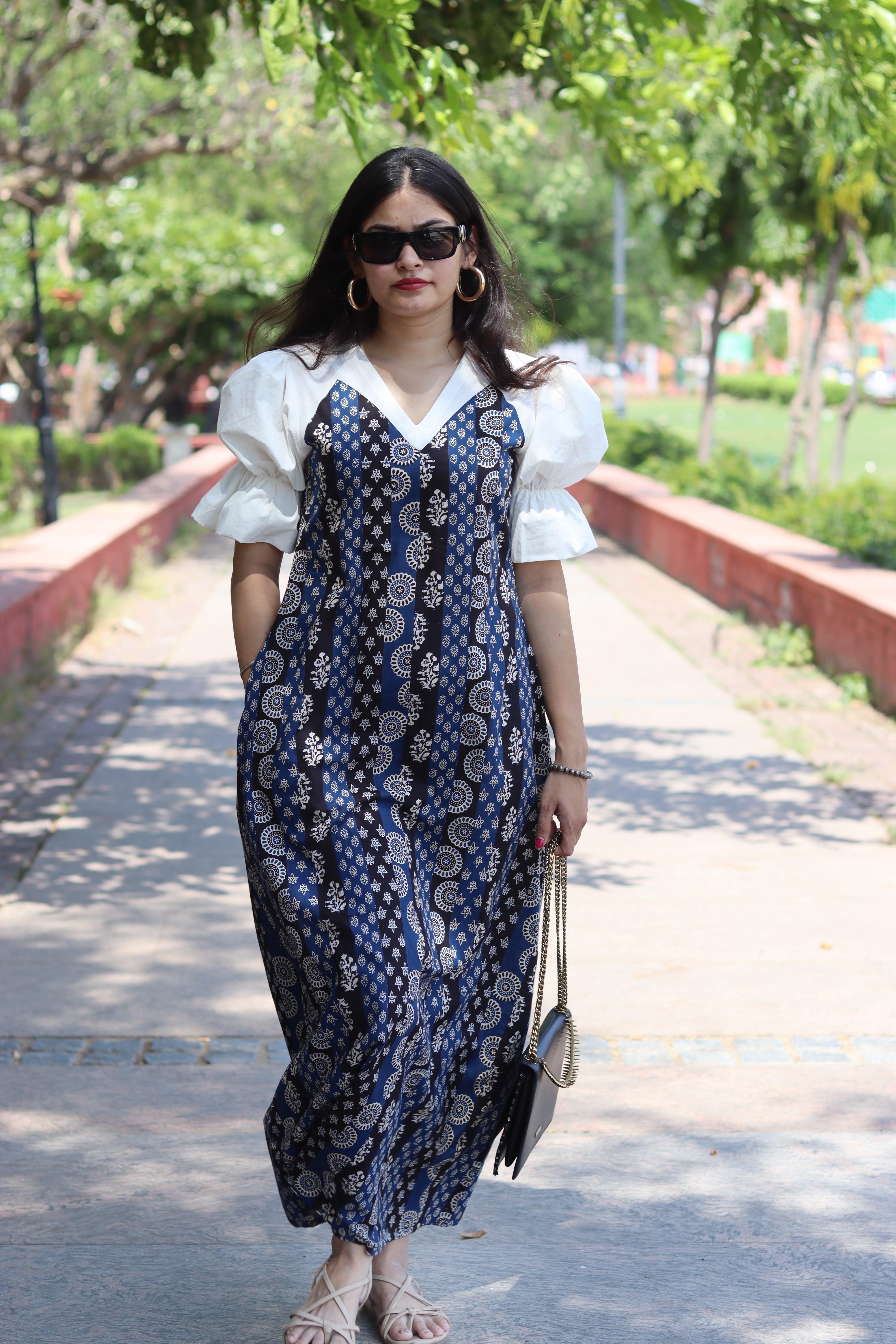 Contrast Patch Long Dress -Black Blue