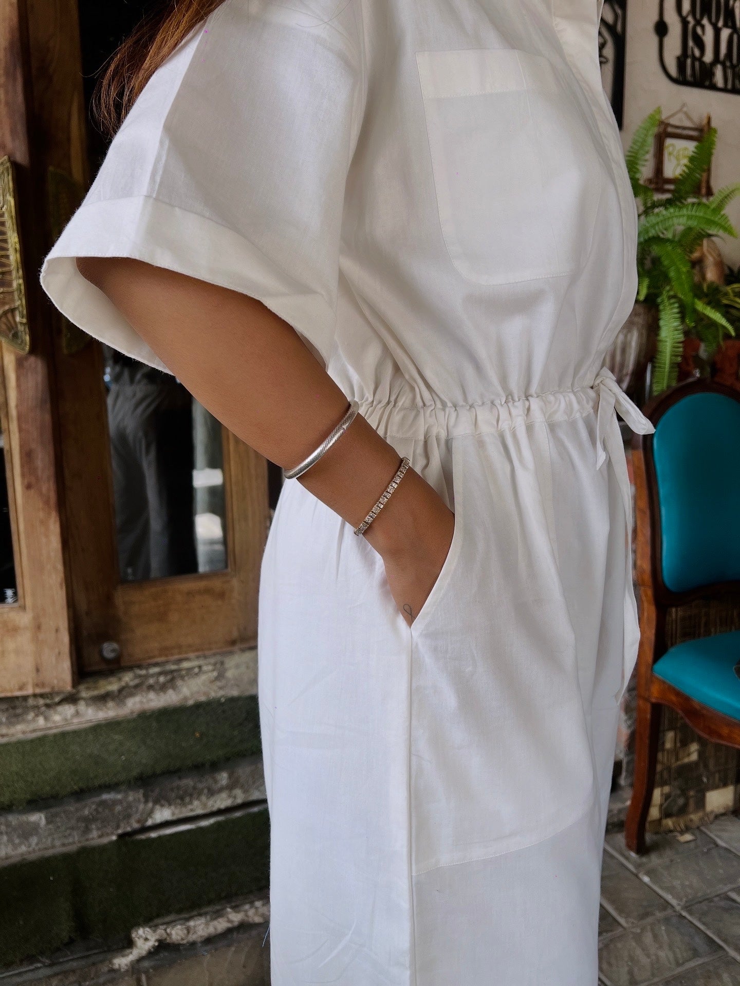 White Cotton Poplin Drawstring Waist Jumpsuit