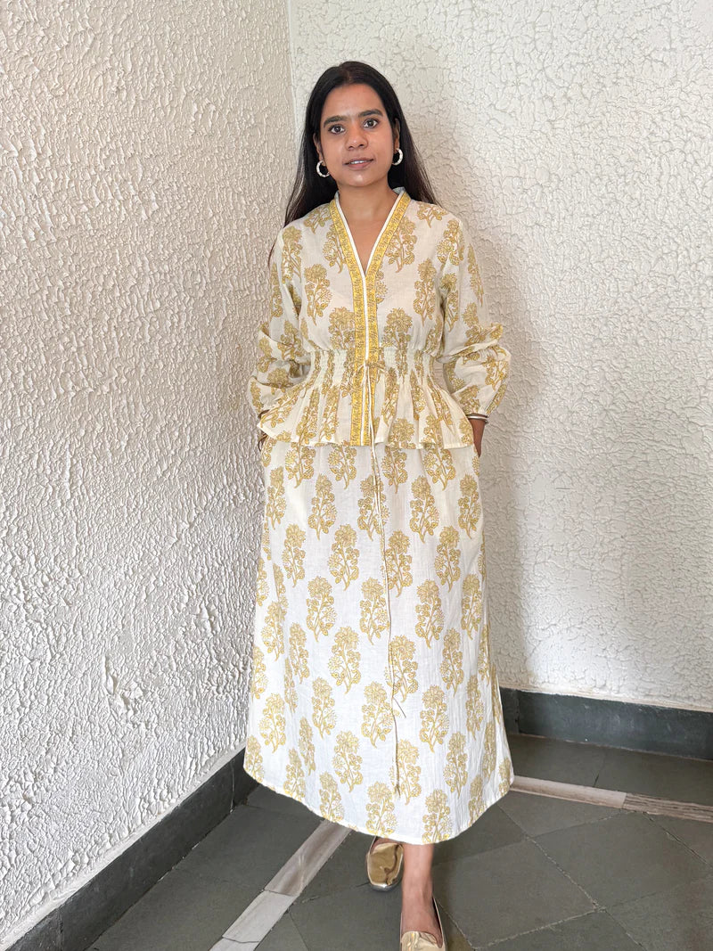 Hand-blocked White & Yellow Elasticated Matching Couple Set