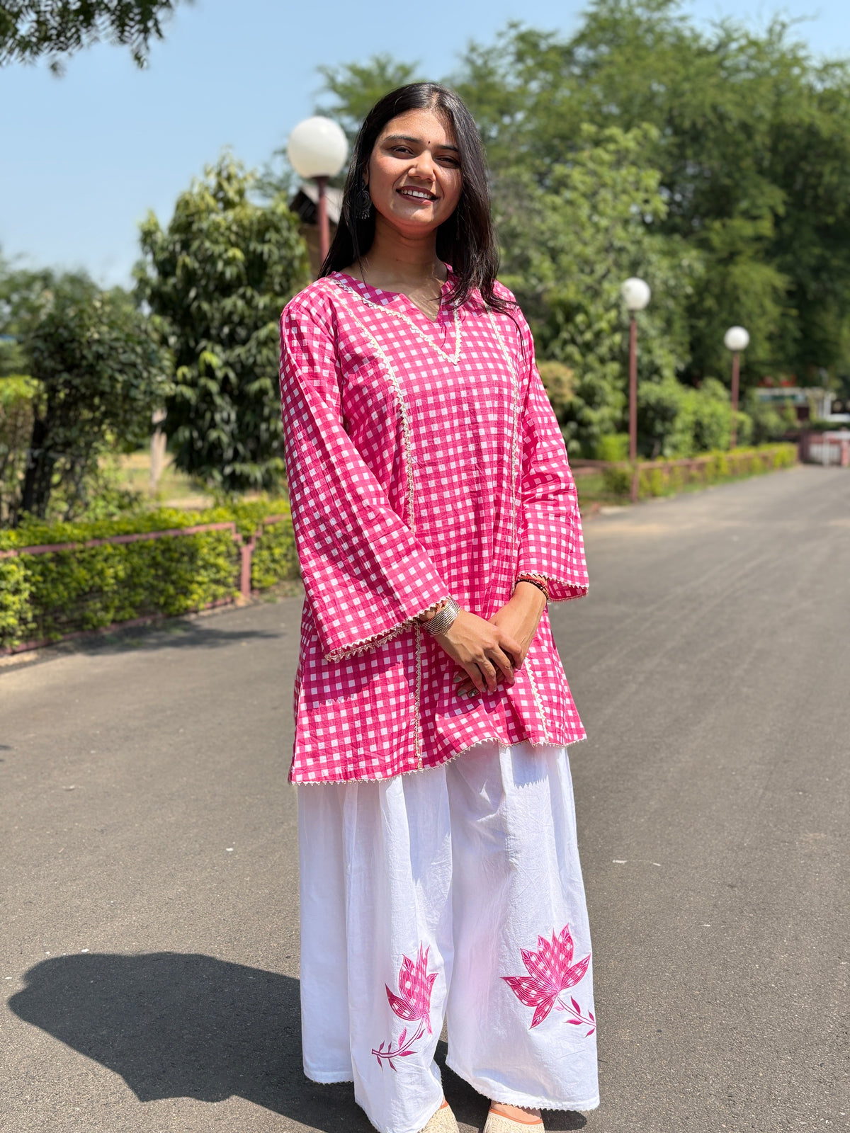 Pink Gingham Festive Palazzo Farshi set