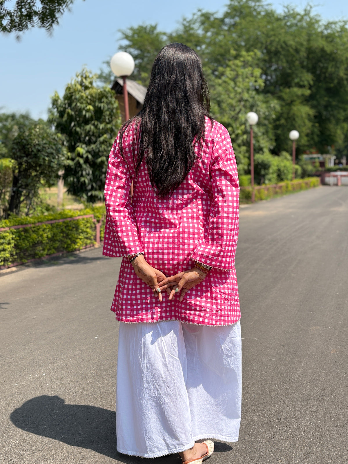 Pink Gingham Festive Palazzo Farshi set