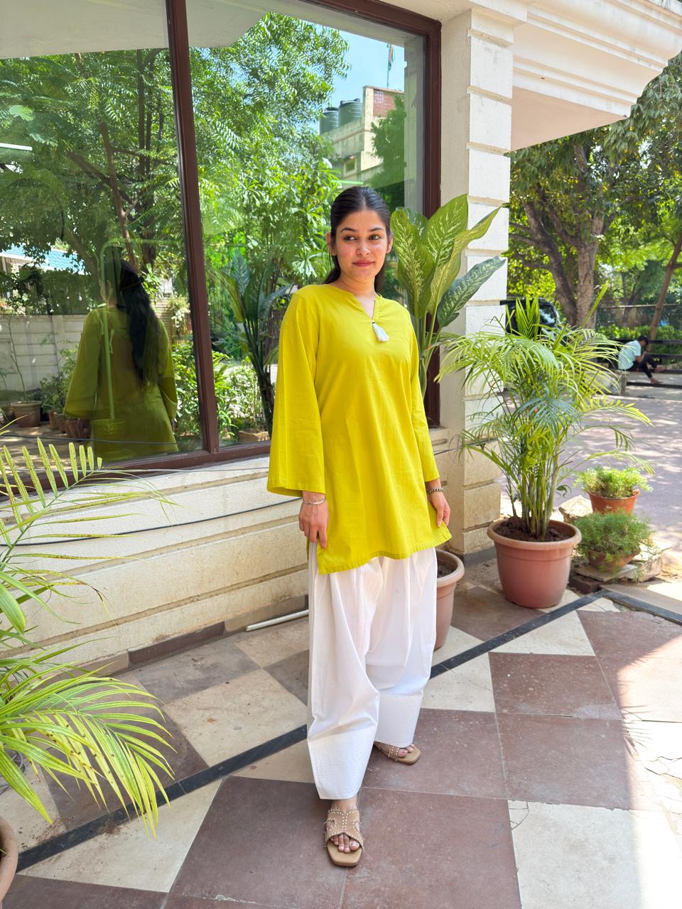 Lime White Cotton Farshi Salwar Set