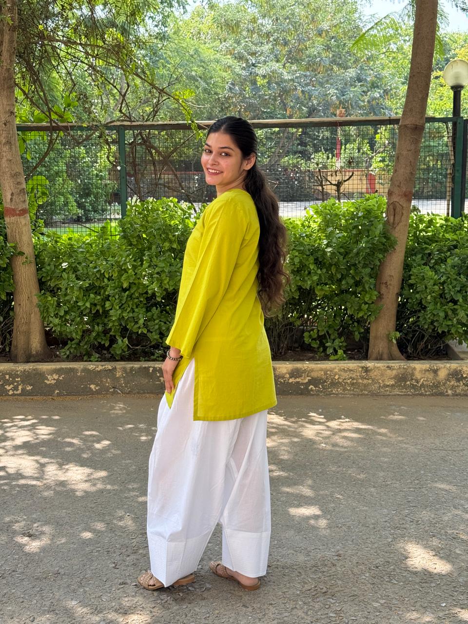 Lime White Cotton Farshi Salwar Set