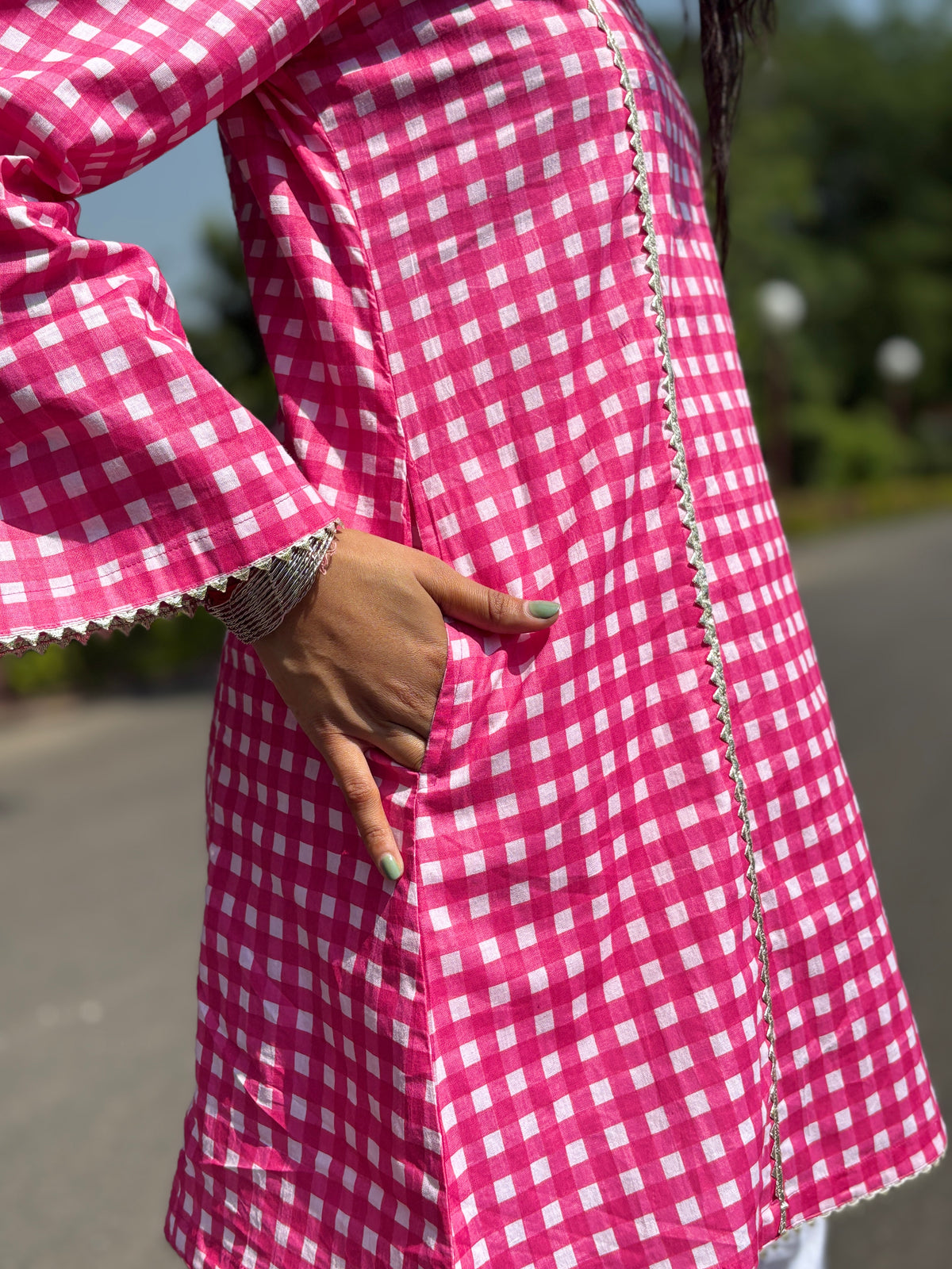 Pink Gingham Festive Palazzo Farshi set