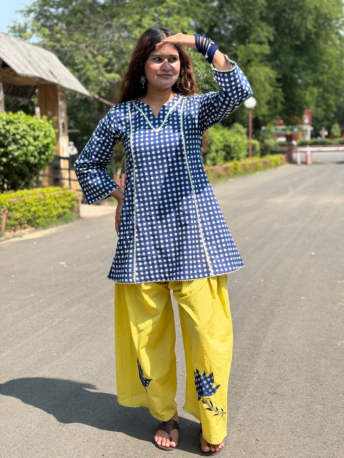 Blue Gingham Festive Palazzo  Farshi set