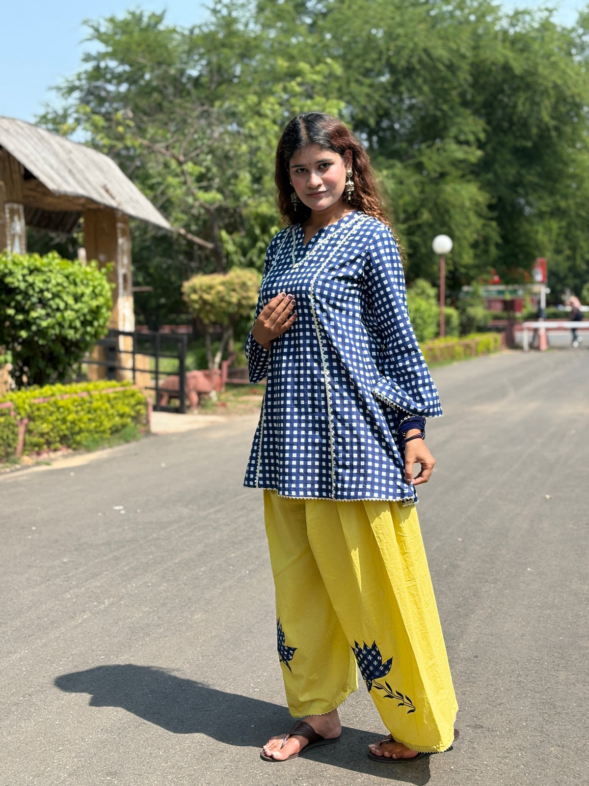 Blue Gingham Festive Palazzo  Farshi set
