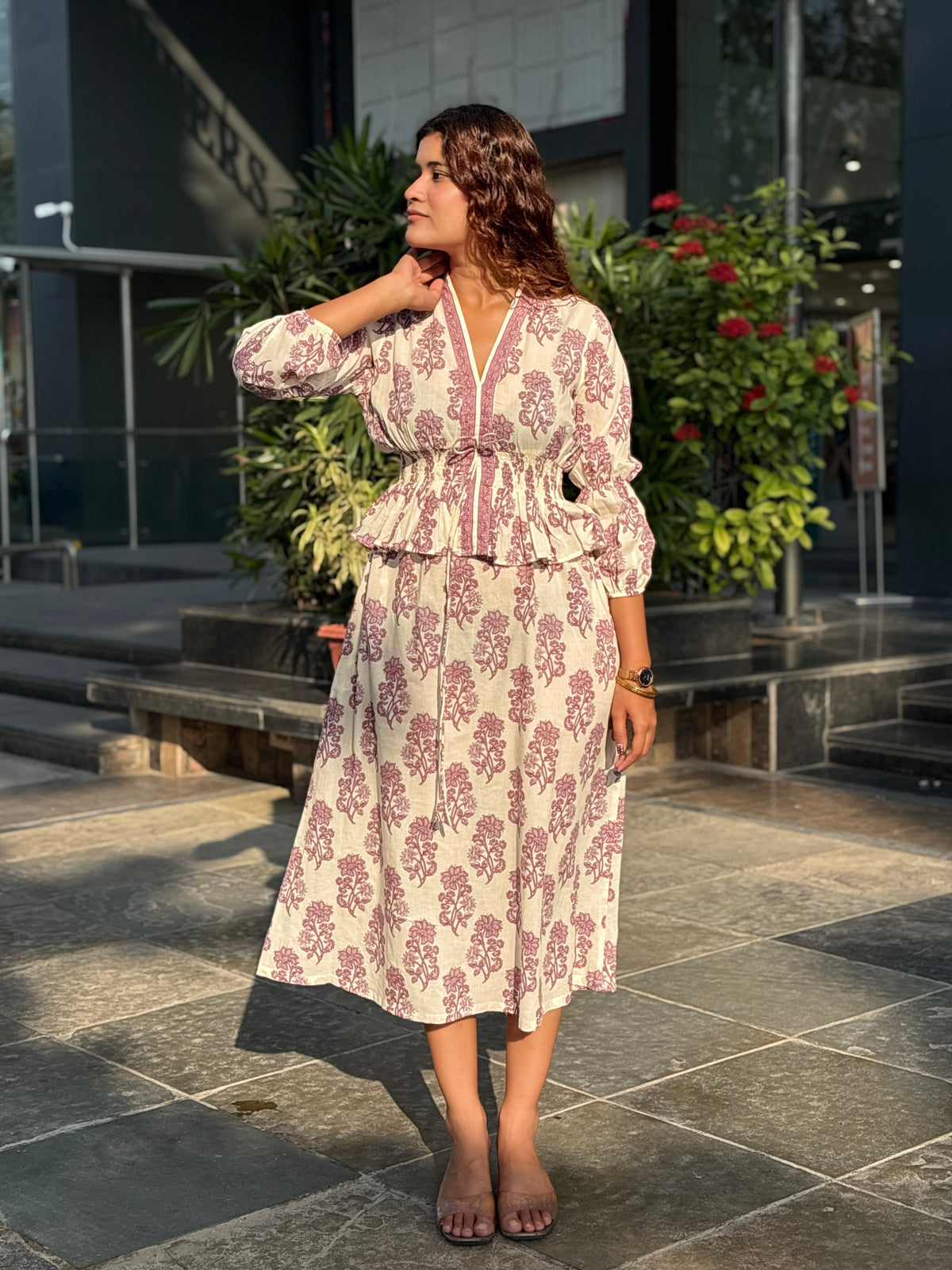 Hand-blocked White & Purple Elasticated Long Dress