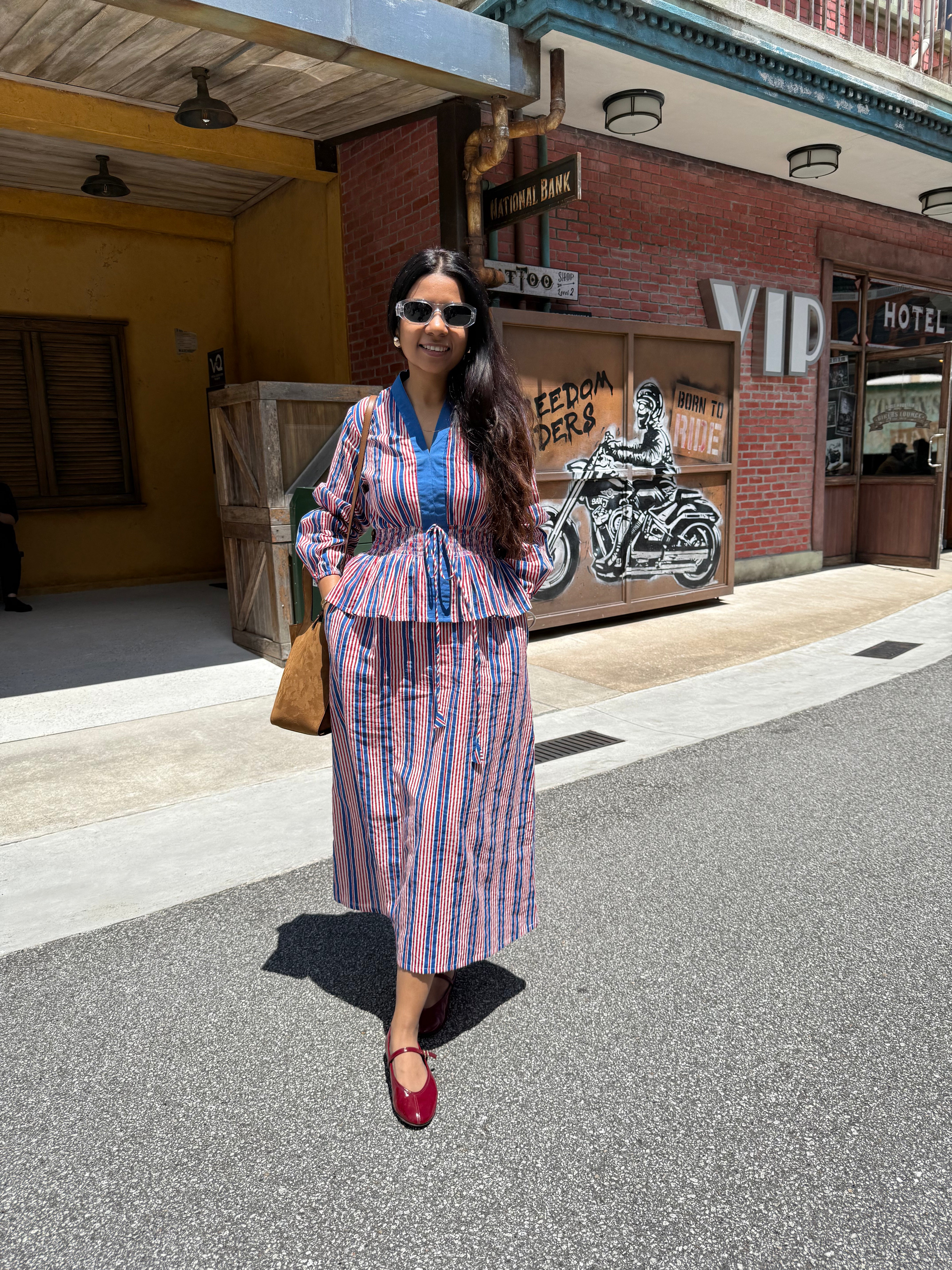 Red blue Striped Elasticated Long Dress
