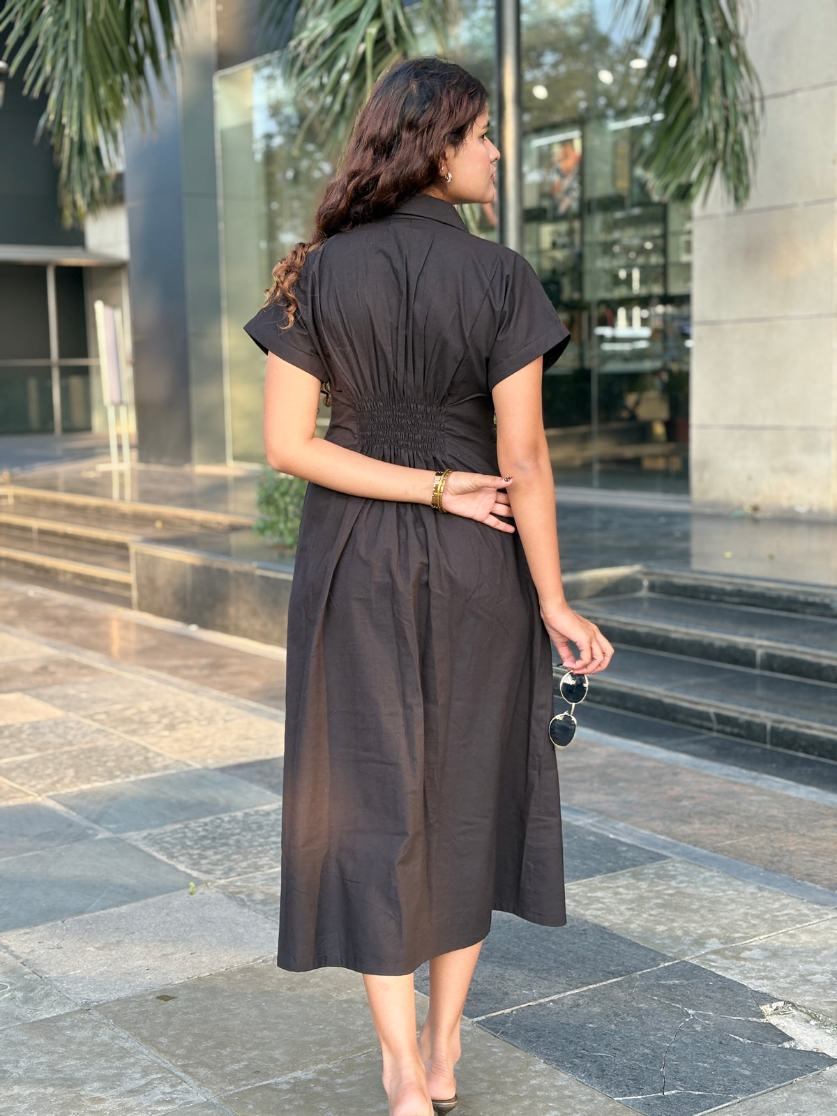 Black Poplin fitted waist Dress