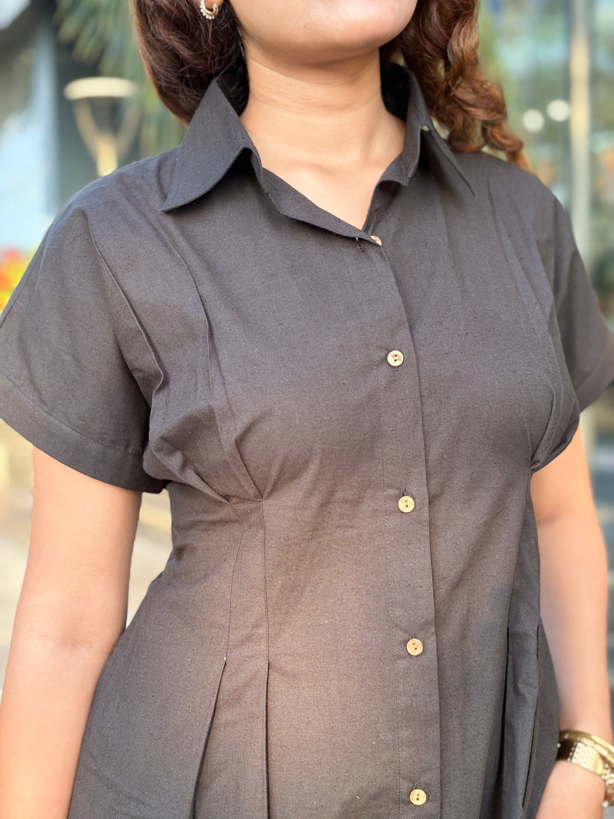 Black Poplin fitted waist Dress