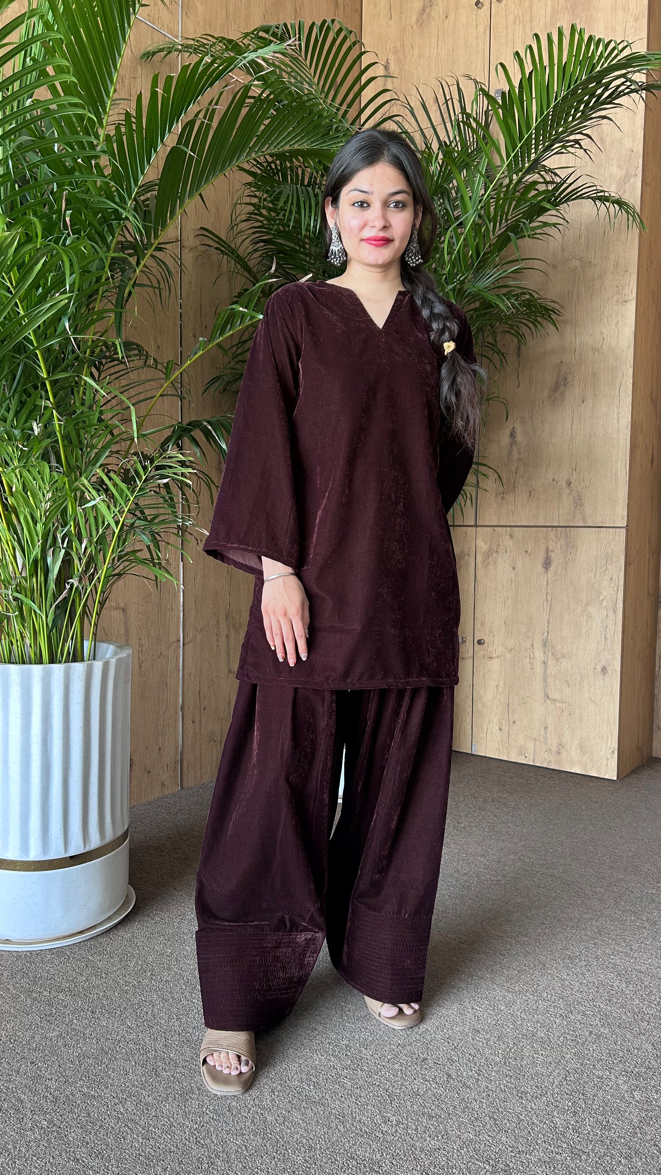 Coffee Wine Velvet Farshi Salwar Set