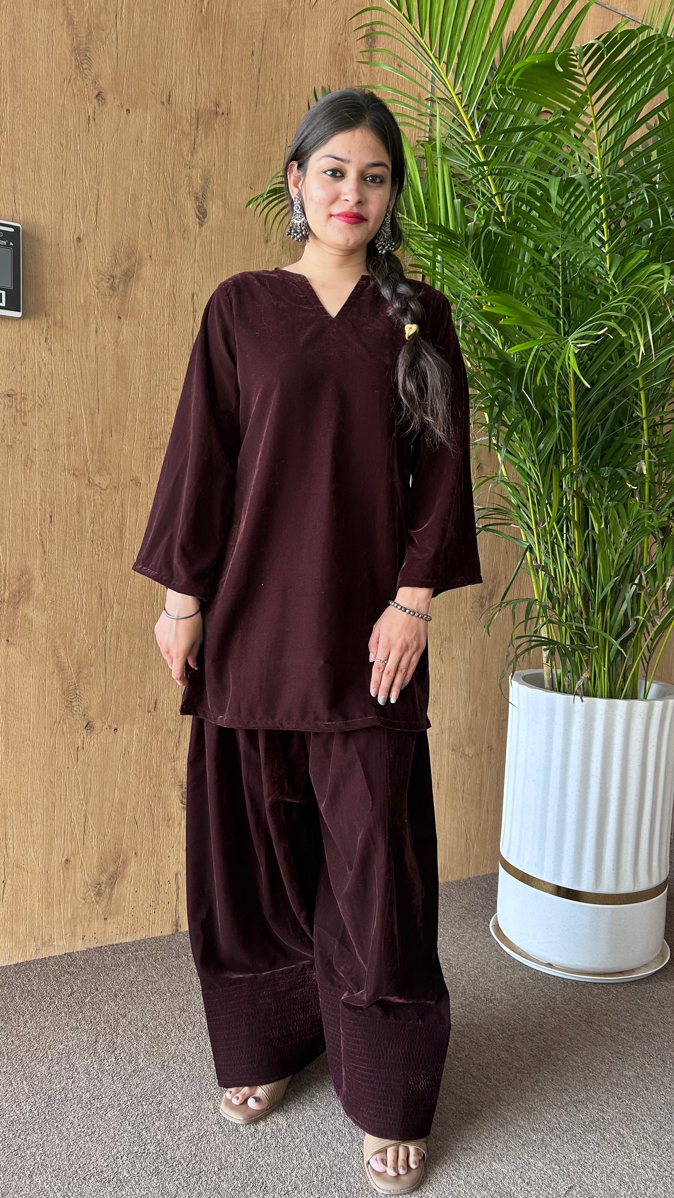 Coffee Wine Velvet Farshi Salwar Set