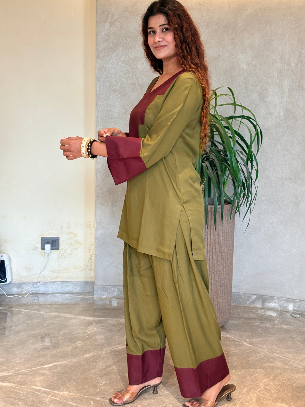 Olive Burgundy Contrast Patch Farshi Set