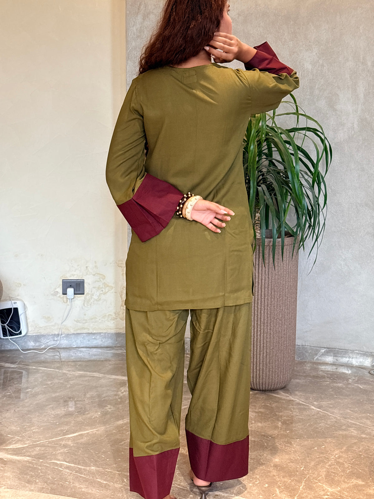 Olive Burgundy Contrast Patch Farshi Set