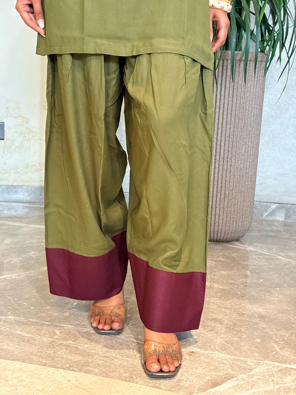 Olive Burgundy Contrast Patch Farshi Set