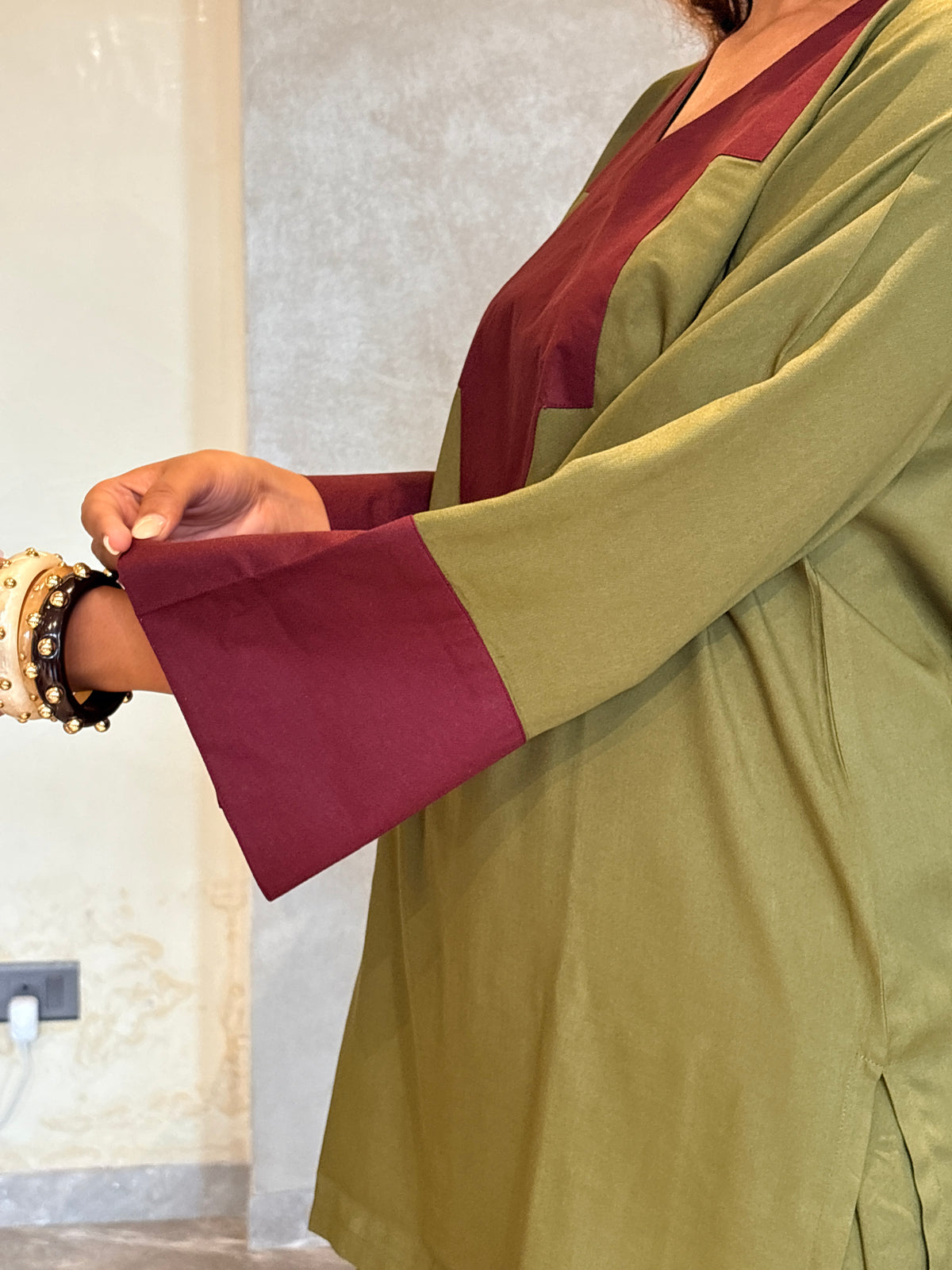 Olive Burgundy Contrast Patch Farshi Set