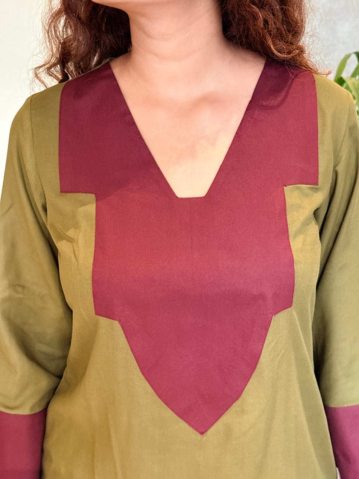 Olive Burgundy Contrast Patch Farshi Set