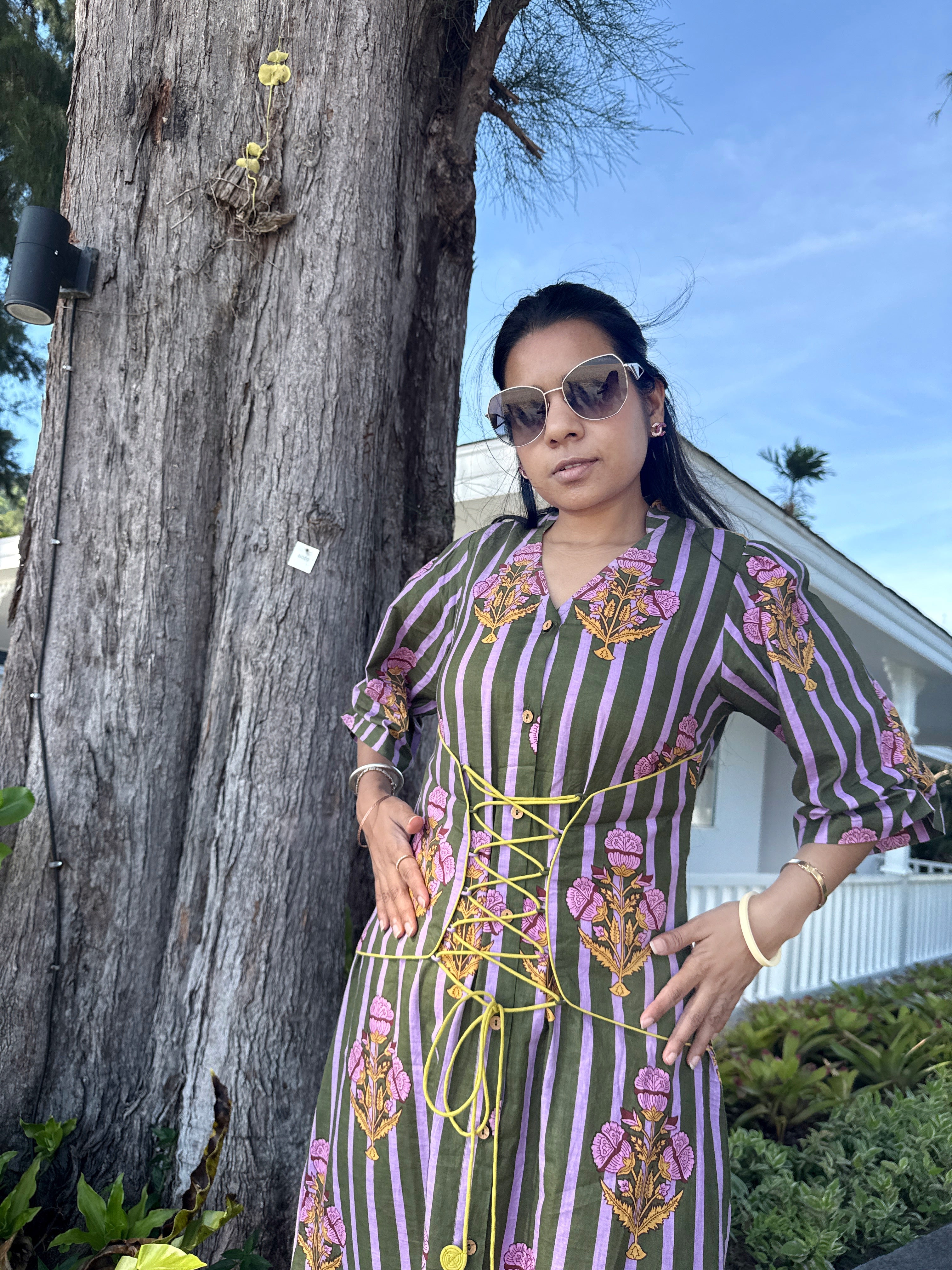 Olive Green Sculpted Belt Dress