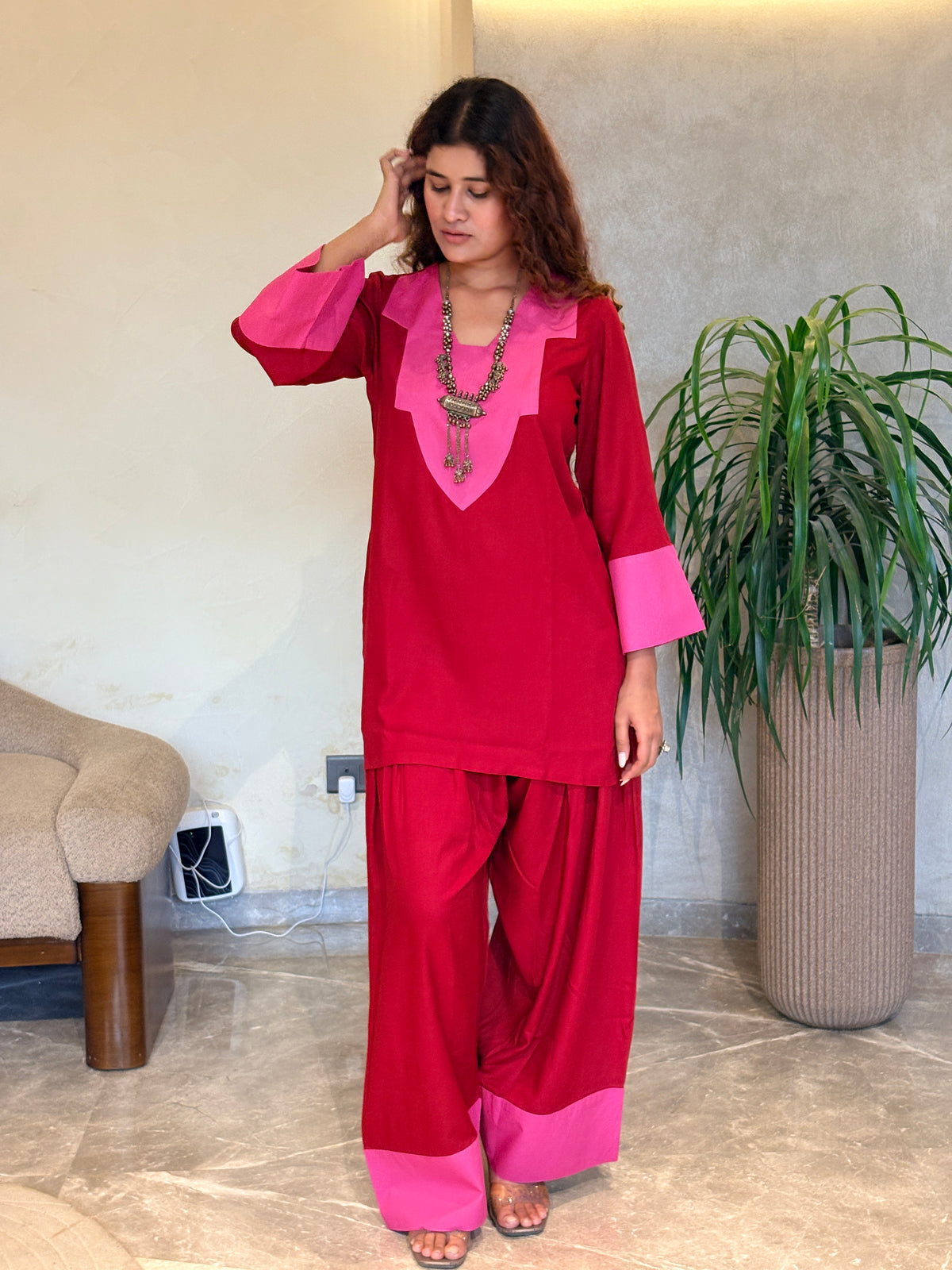 Cherry Red Pink Contrast Patch Farshi Set
