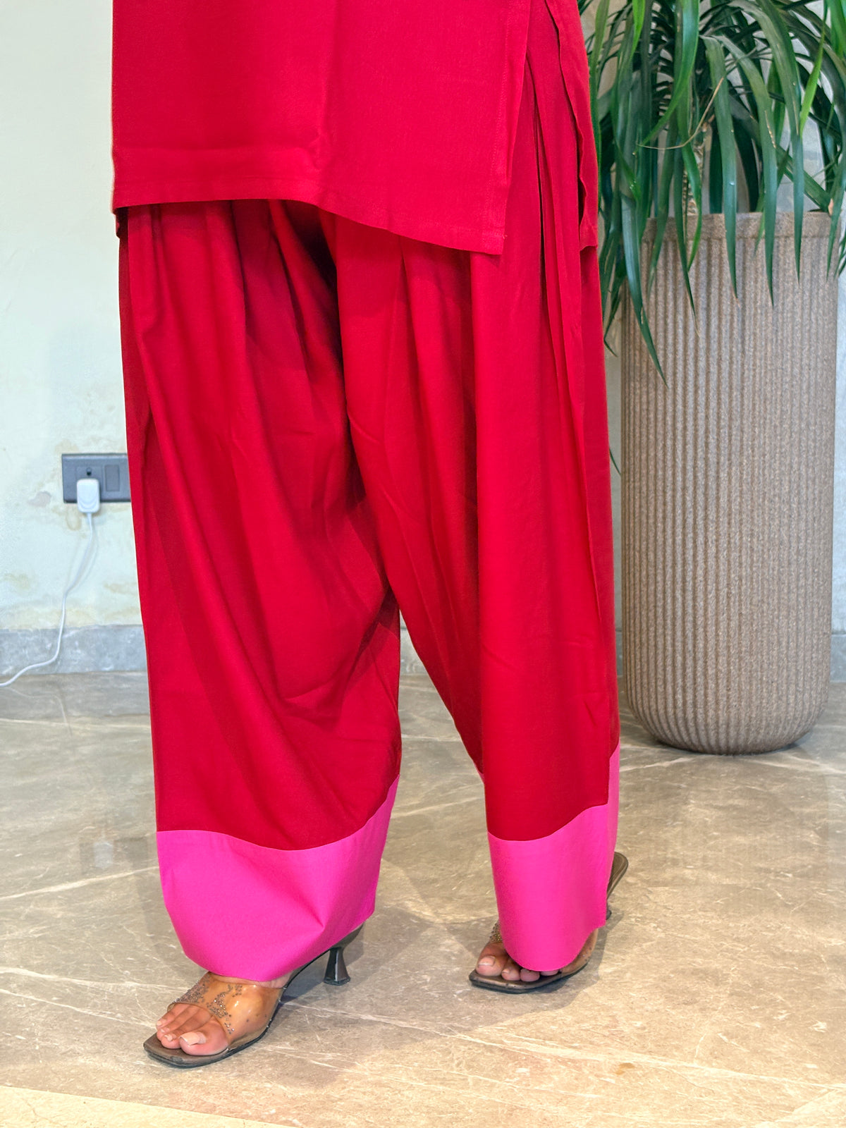 Cherry Red Pink Contrast Patch Farshi Set