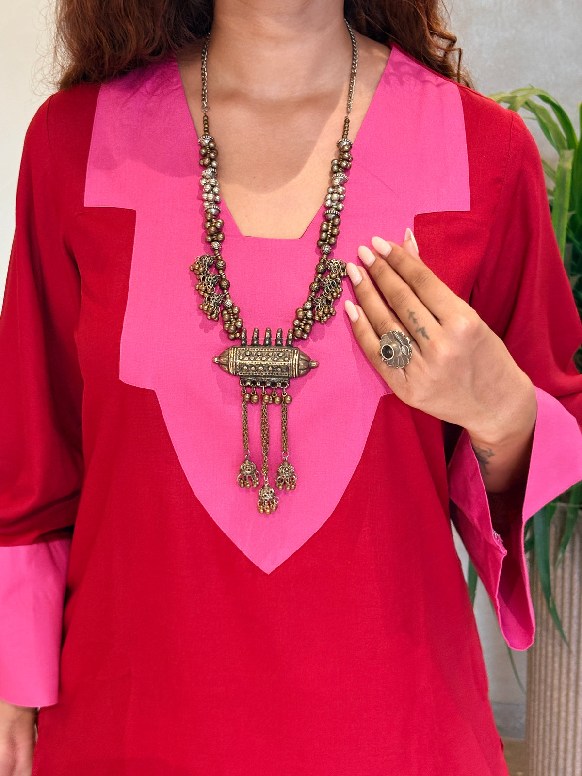 Cherry Red Pink Contrast Patch Farshi Set